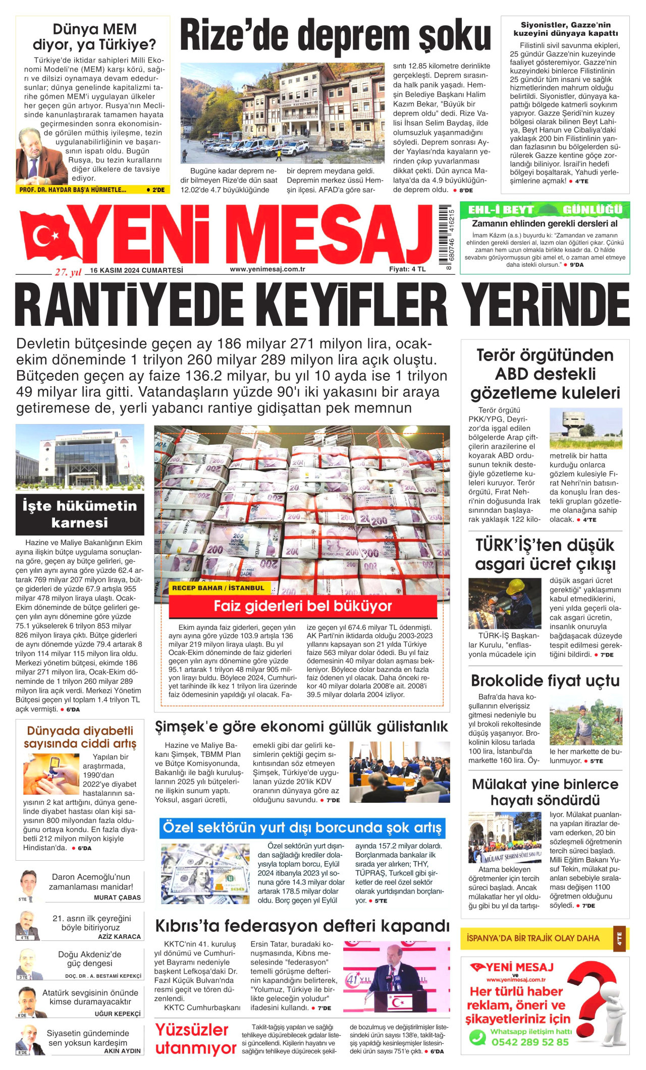 YENİ MESAJ gazetesinin 16 Kasım 2024 tarihli birinci sayfası