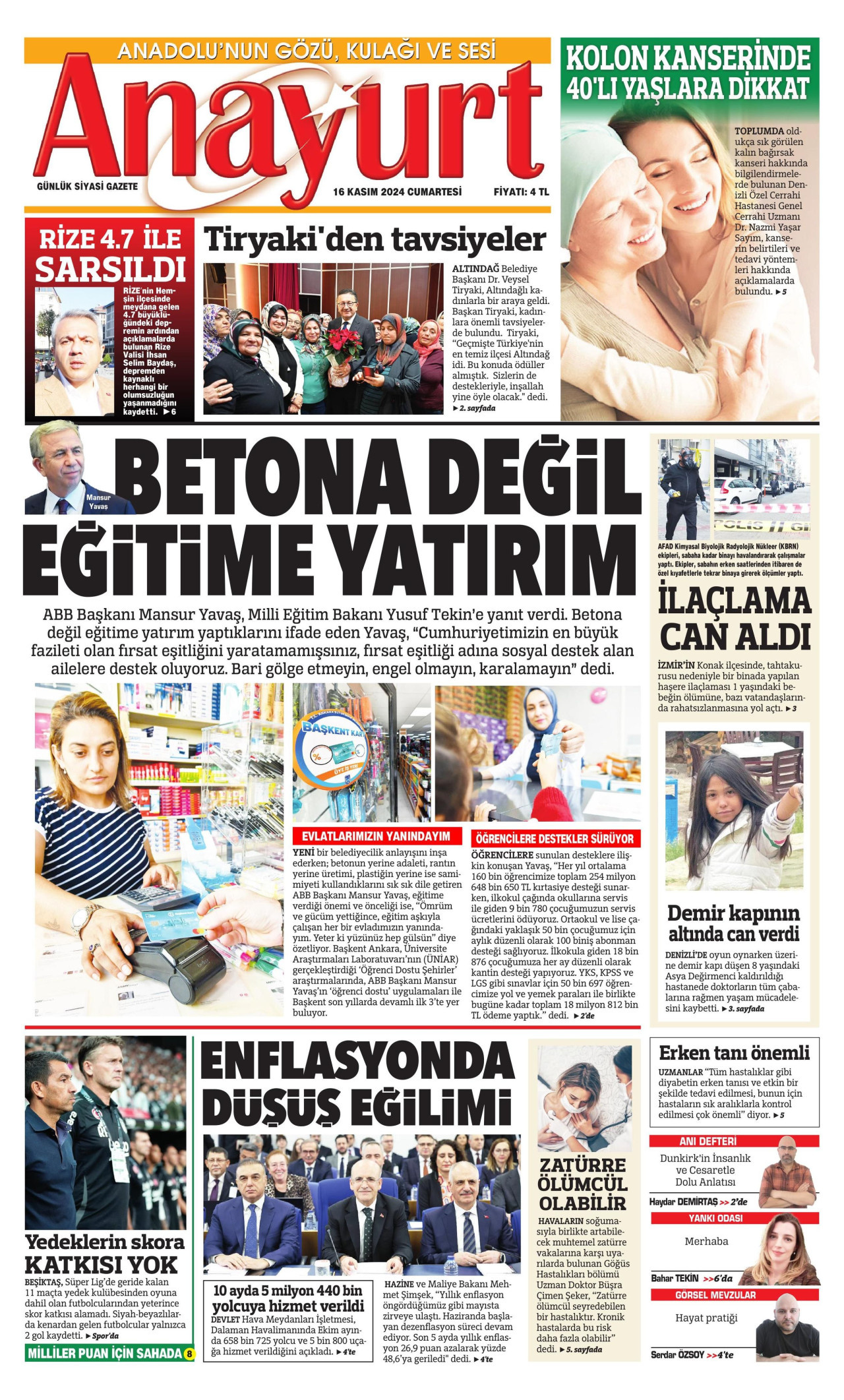 ANAYURT gazetesinin 16 Kasım 2024 tarihli birinci sayfası