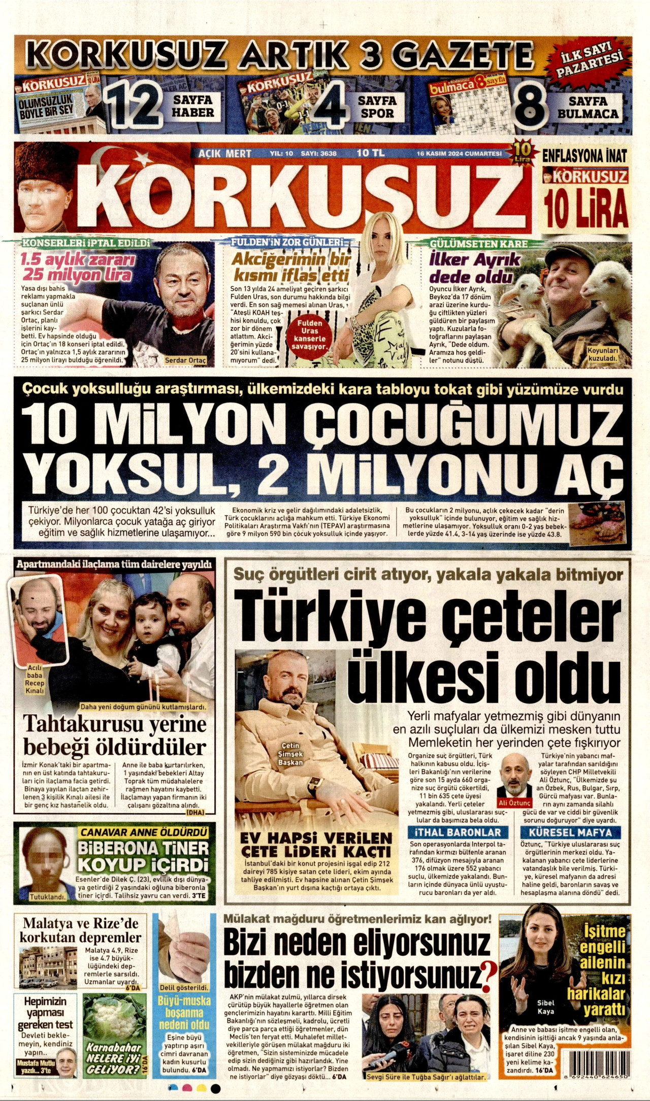 KORKUSUZ gazetesinin 16 Kasım 2024 tarihli birinci sayfası