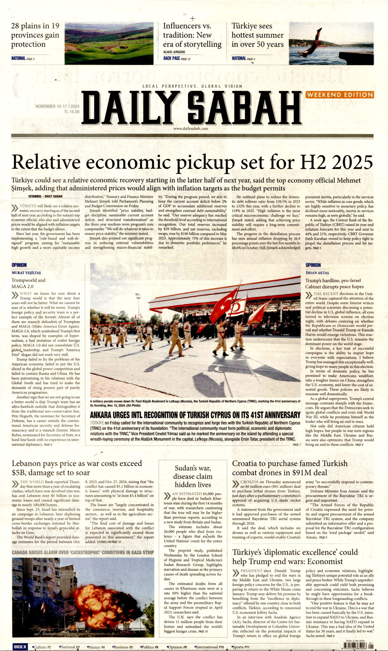 DAİLY SABAH gazetesinin 16 Kasım 2024 tarihli birinci sayfası