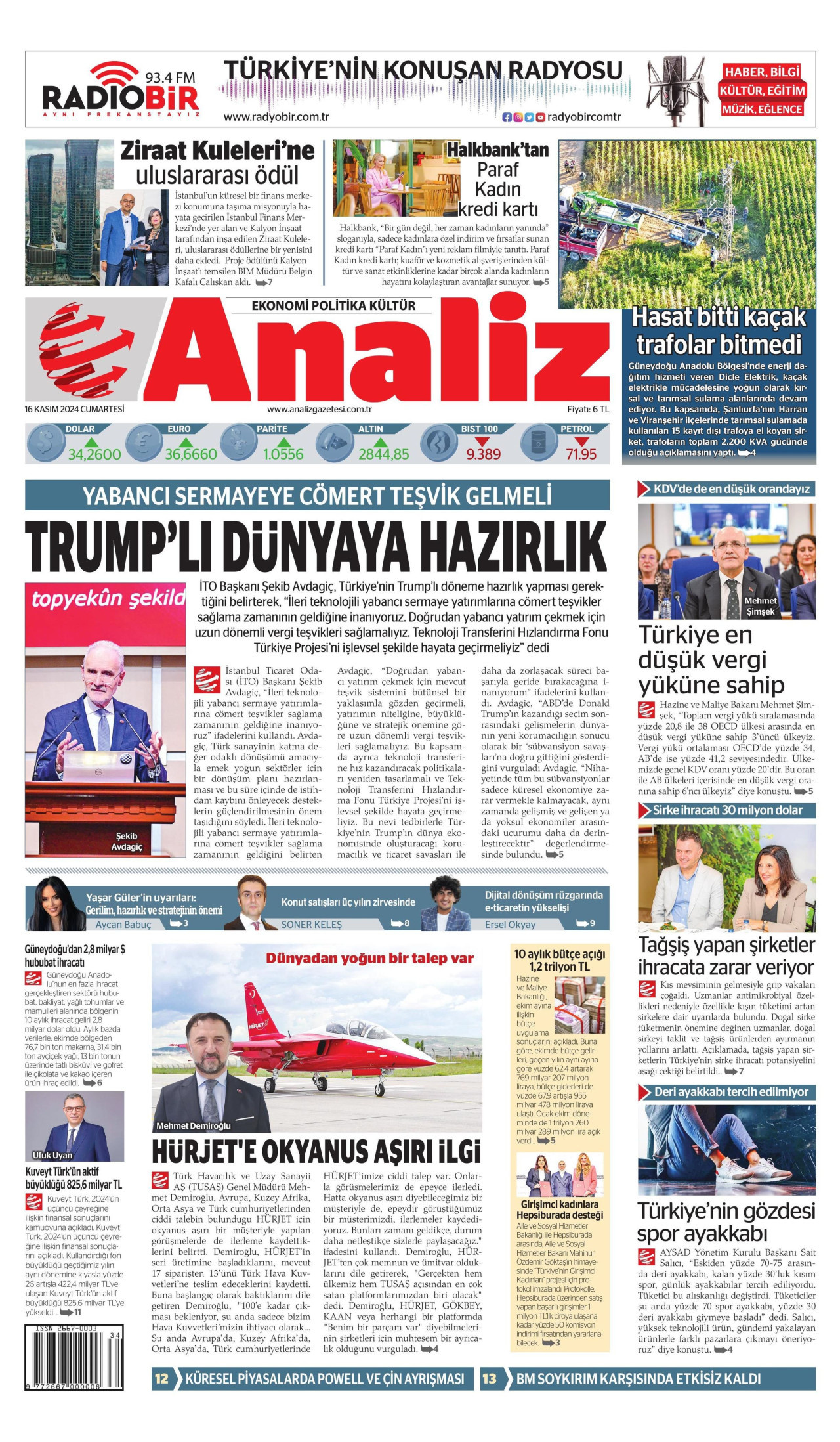 ANALİZ gazetesinin 16 Kasım 2024 tarihli birinci sayfası