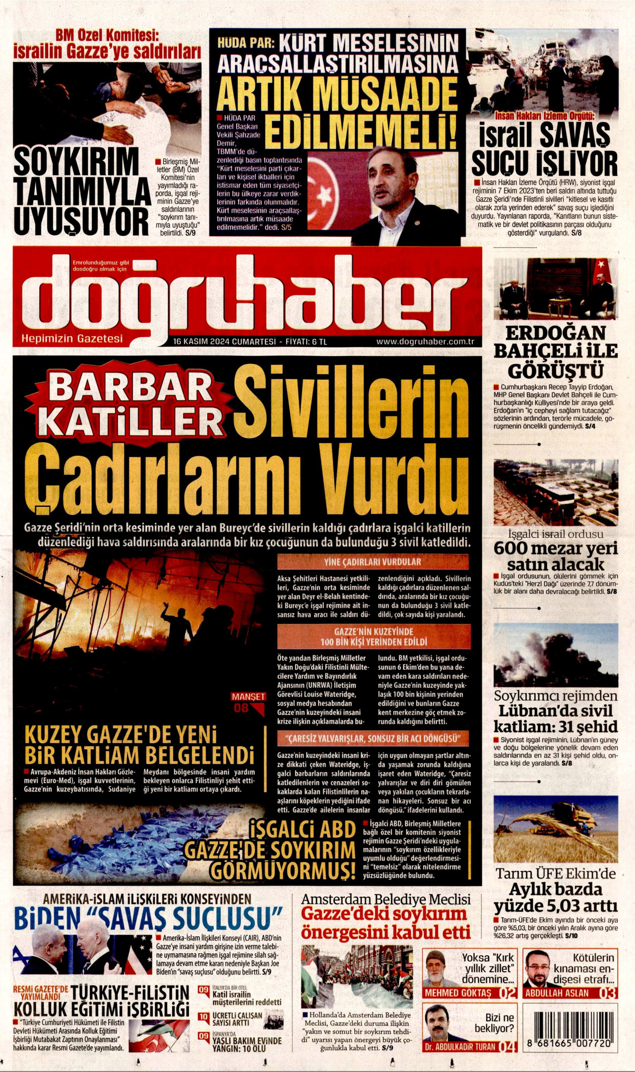 DOĞRU HABER gazetesinin 16 Kasım 2024 tarihli birinci sayfası