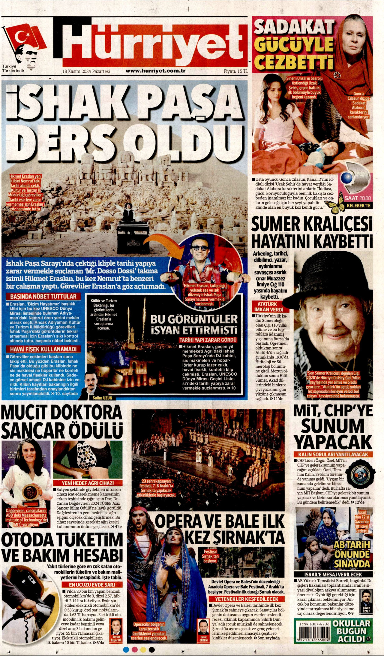 HÜRRİYET gazetesinin 18 Kasım 2024 tarihli birinci sayfası