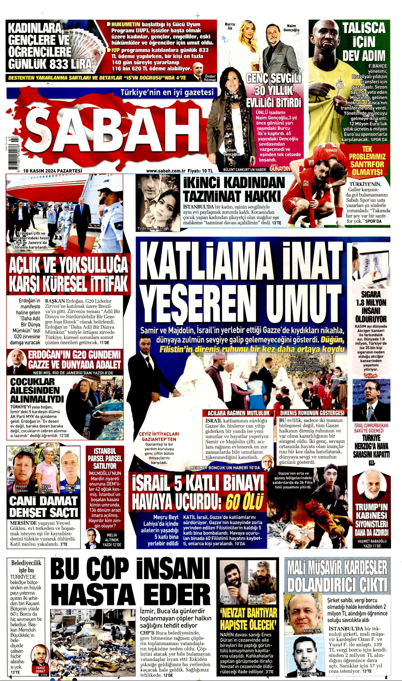 SABAH gazetesinin 18 Kasım 2024 tarihli birinci sayfası
