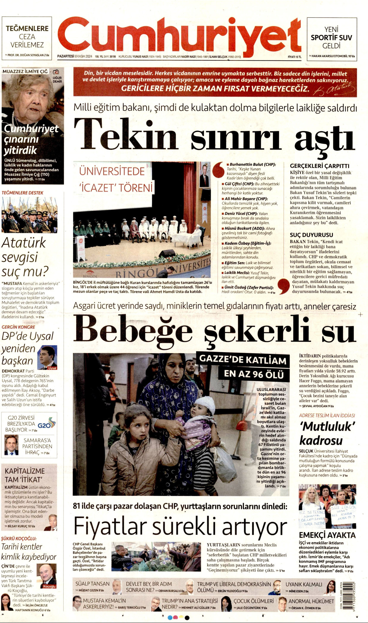 CUMHURİYET gazetesinin 18 Kasım 2024 tarihli birinci sayfası