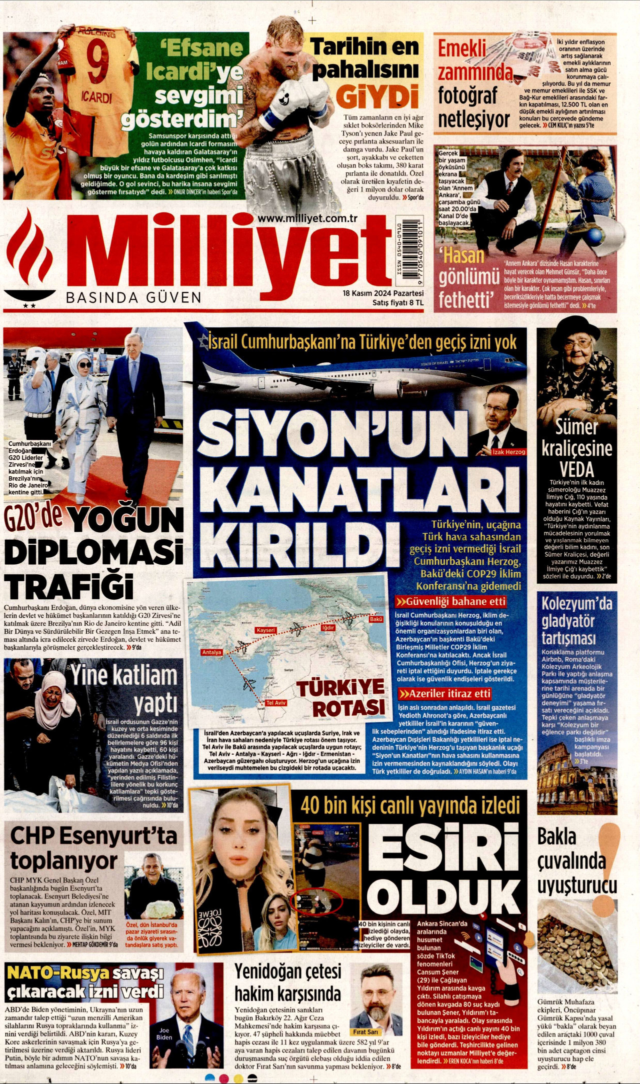 MİLLİYET gazetesinin 18 Kasım 2024 tarihli birinci sayfası