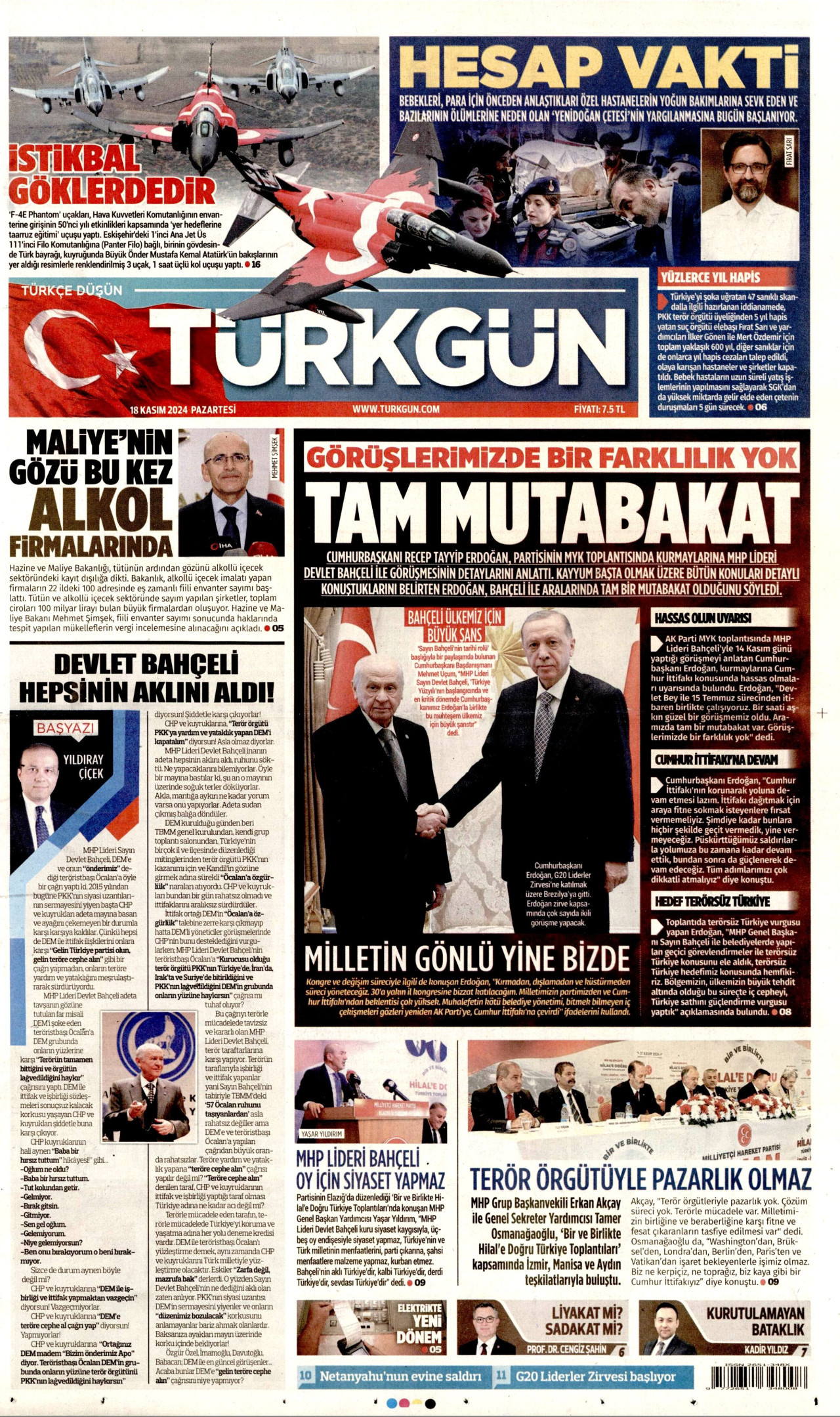 TÜRKGÜN gazetesinin 18 Kasım 2024 tarihli birinci sayfası