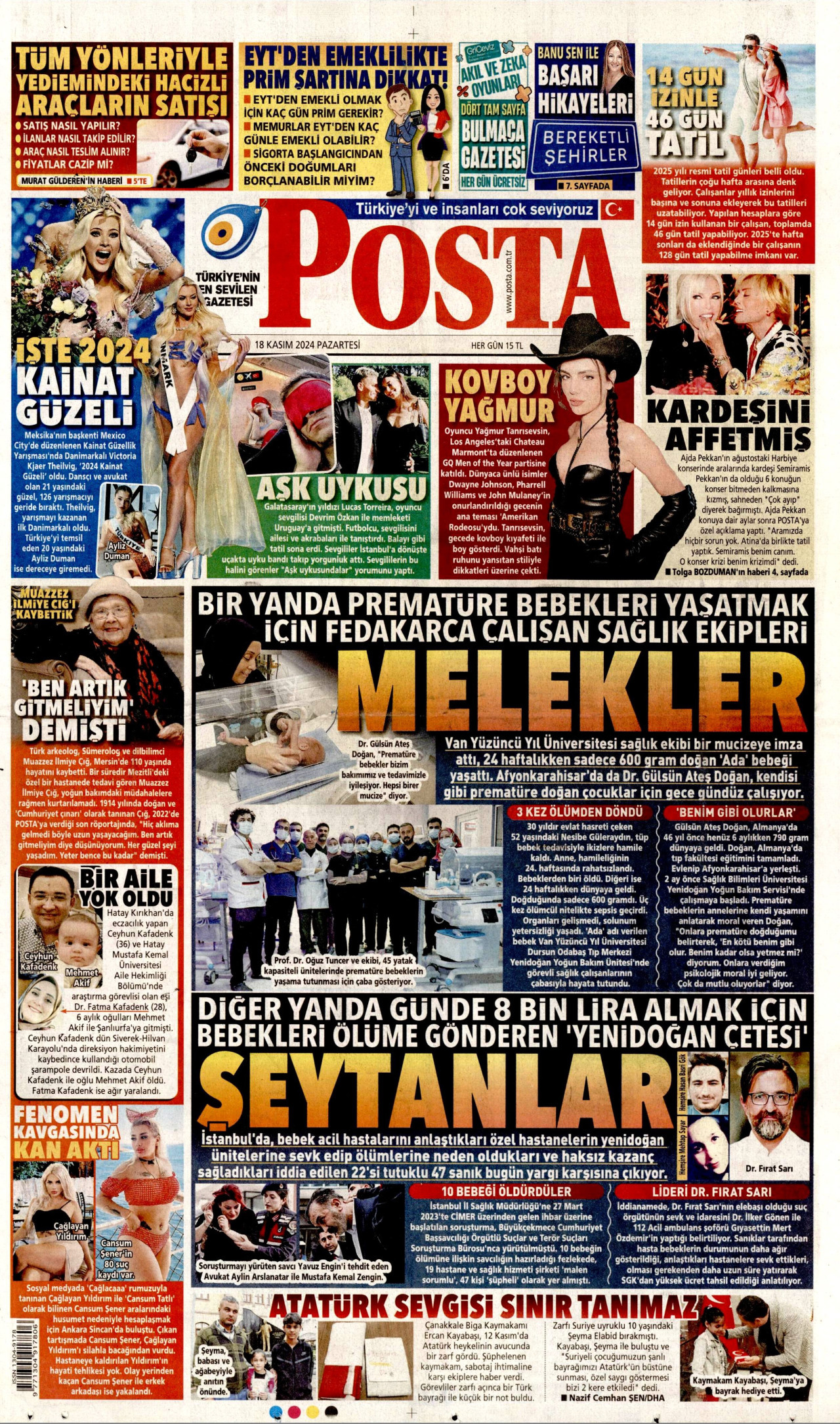 POSTA gazetesinin 18 Kasım 2024 tarihli birinci sayfası