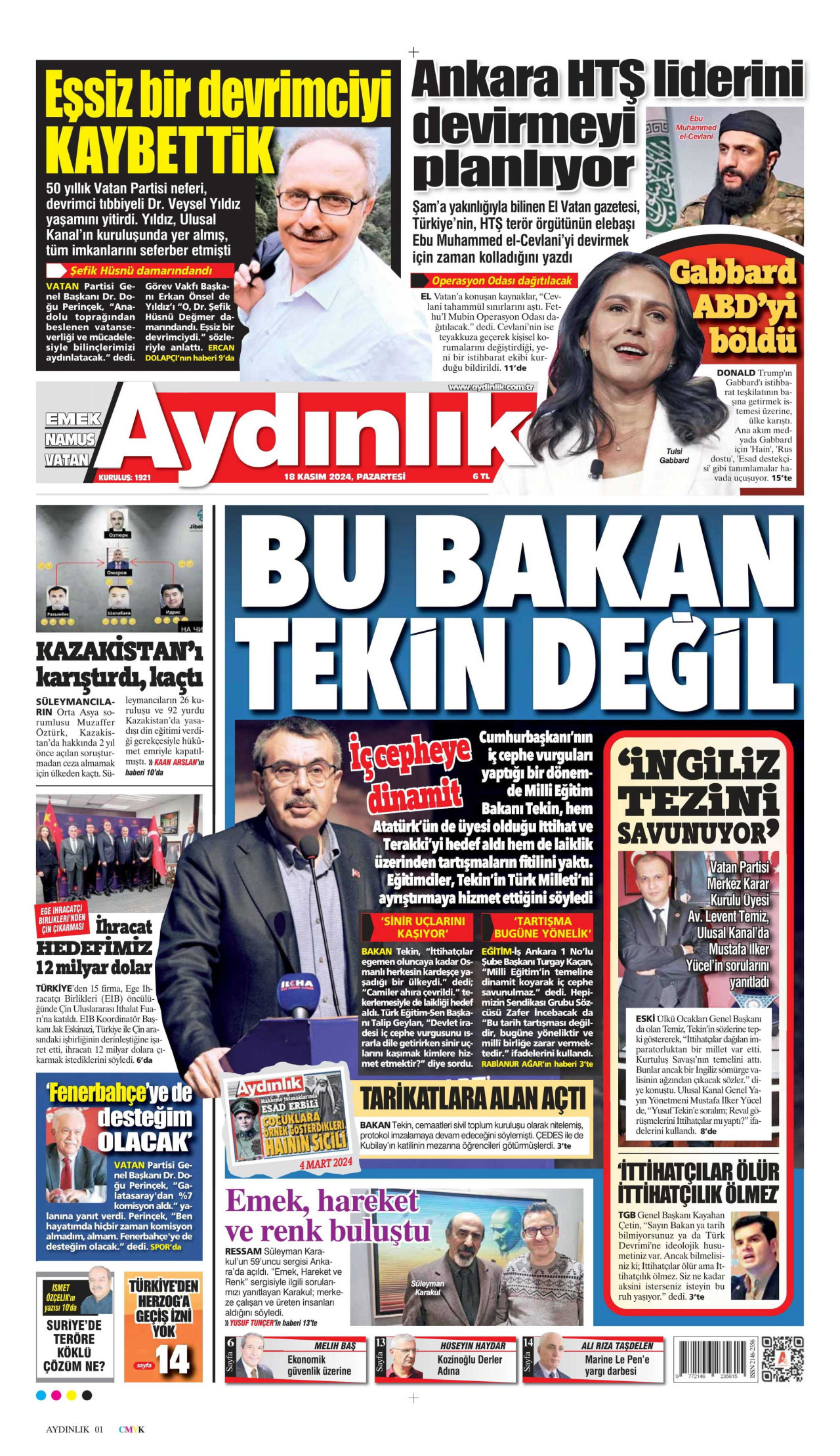 AYDINLIK GAZETESİ gazetesinin 18 Kasım 2024 tarihli birinci sayfası