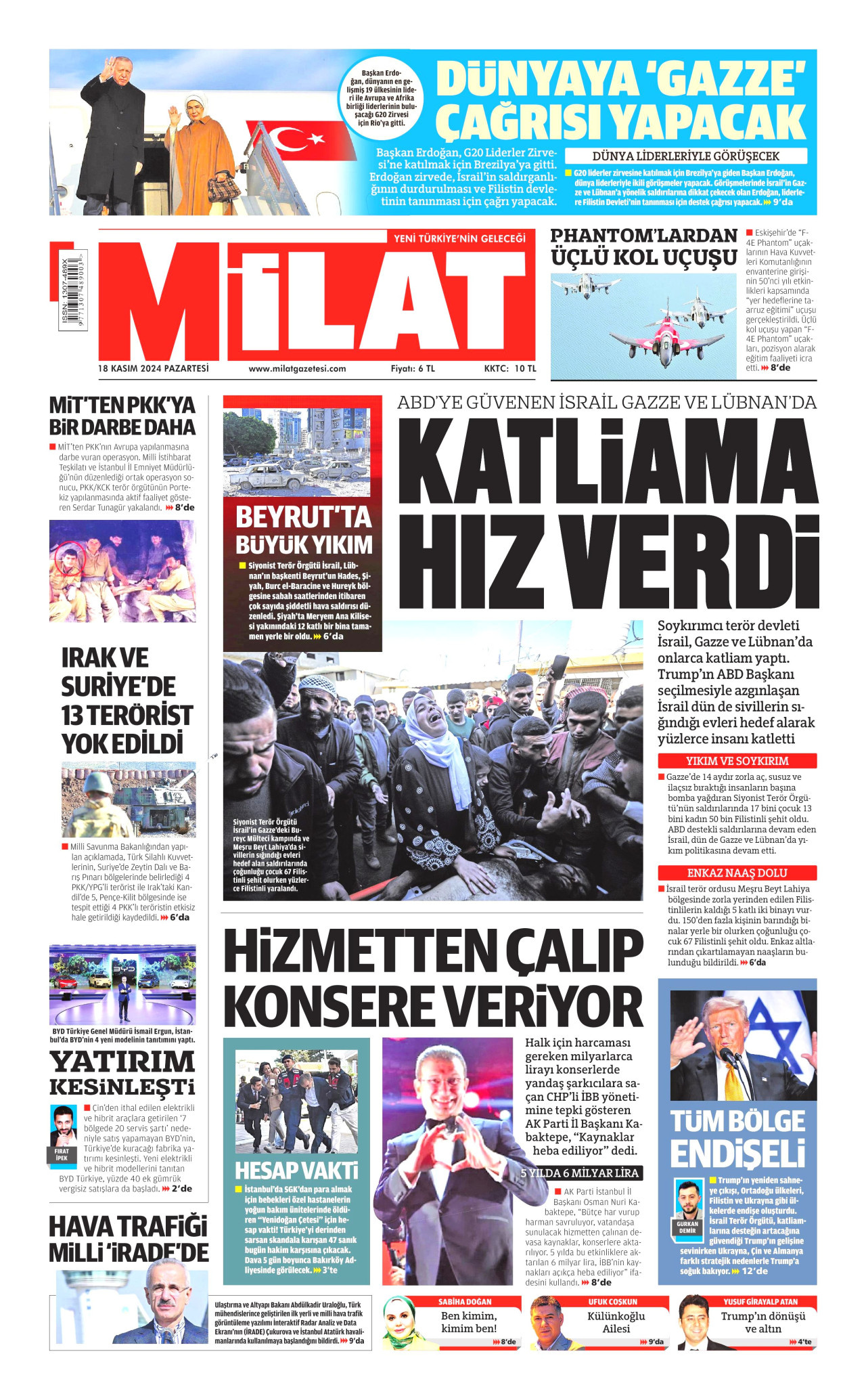 MİLAT gazetesinin 18 Kasım 2024 tarihli birinci sayfası