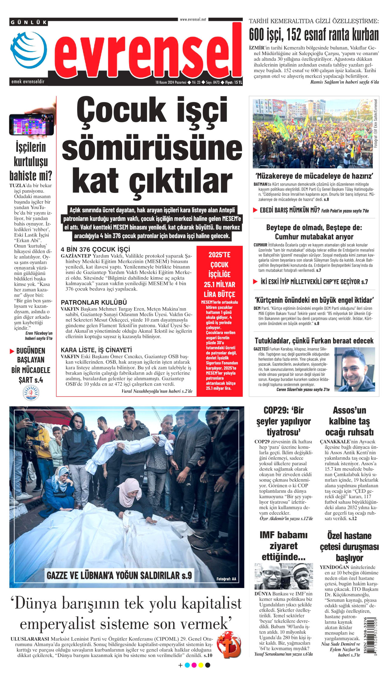 EVRENSEL gazetesinin 18 Kasım 2024 tarihli birinci sayfası