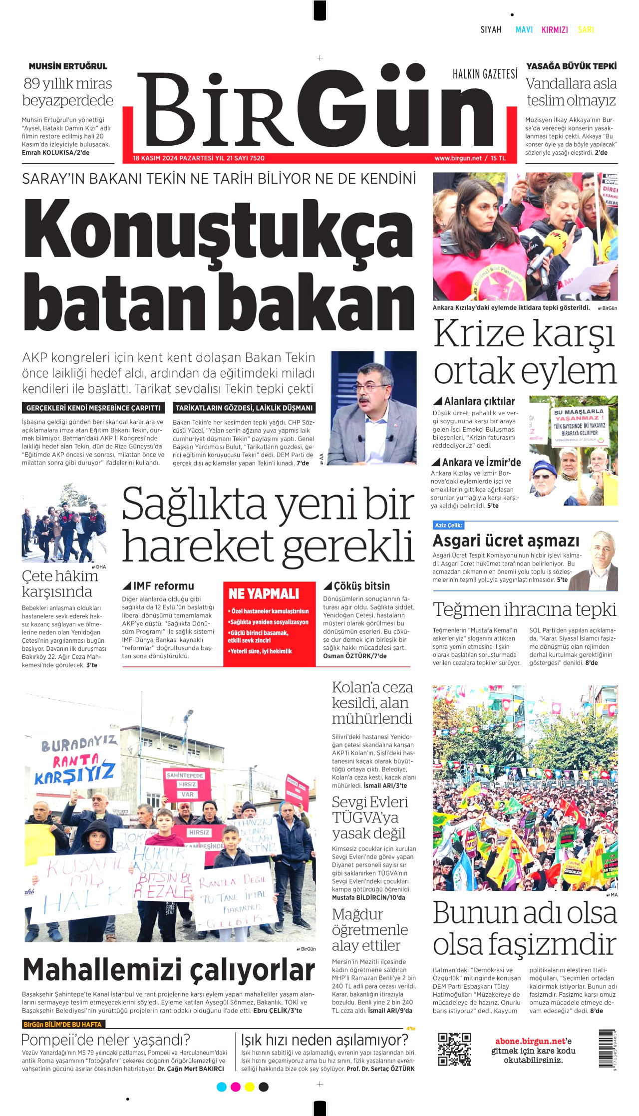 BİRGÜN gazetesinin 18 Kasım 2024 tarihli birinci sayfası