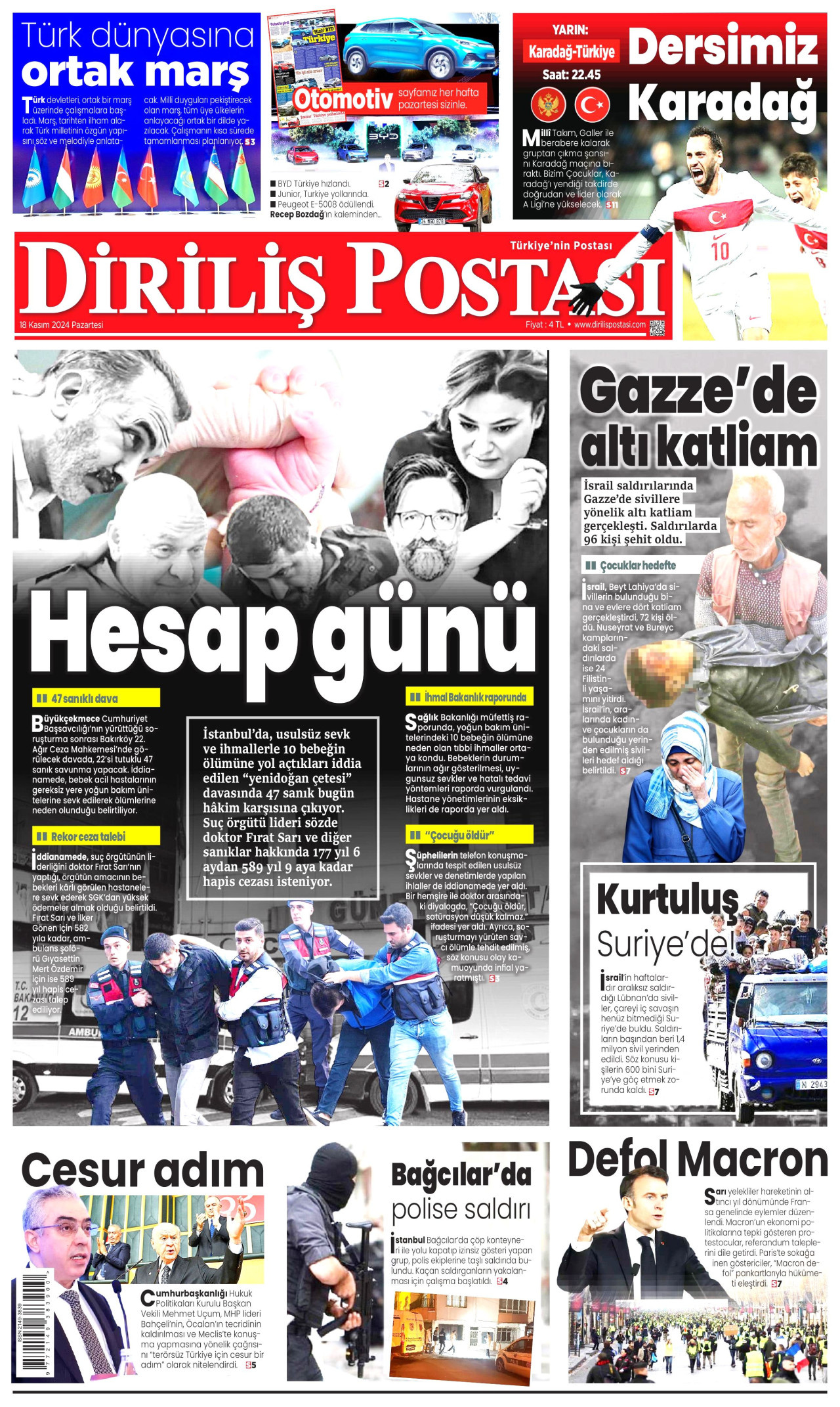 DİRİLİŞ POSTASI gazetesinin 18 Kasım 2024 tarihli birinci sayfası