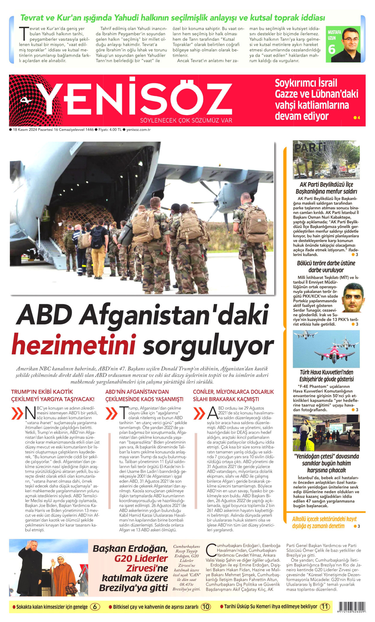 YENİ SÖZ GAZETESİ gazetesinin 18 Kasım 2024 tarihli birinci sayfası
