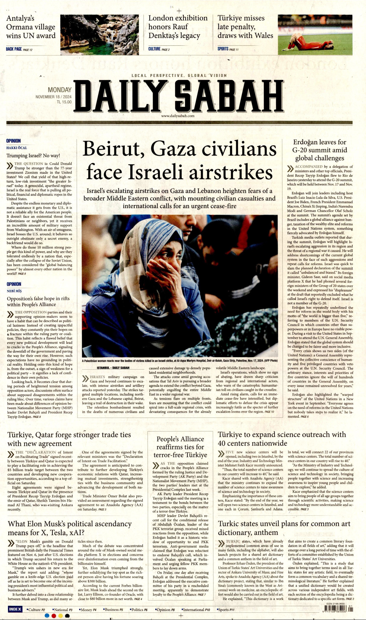 DAİLY SABAH gazetesinin 18 Kasım 2024 tarihli birinci sayfası