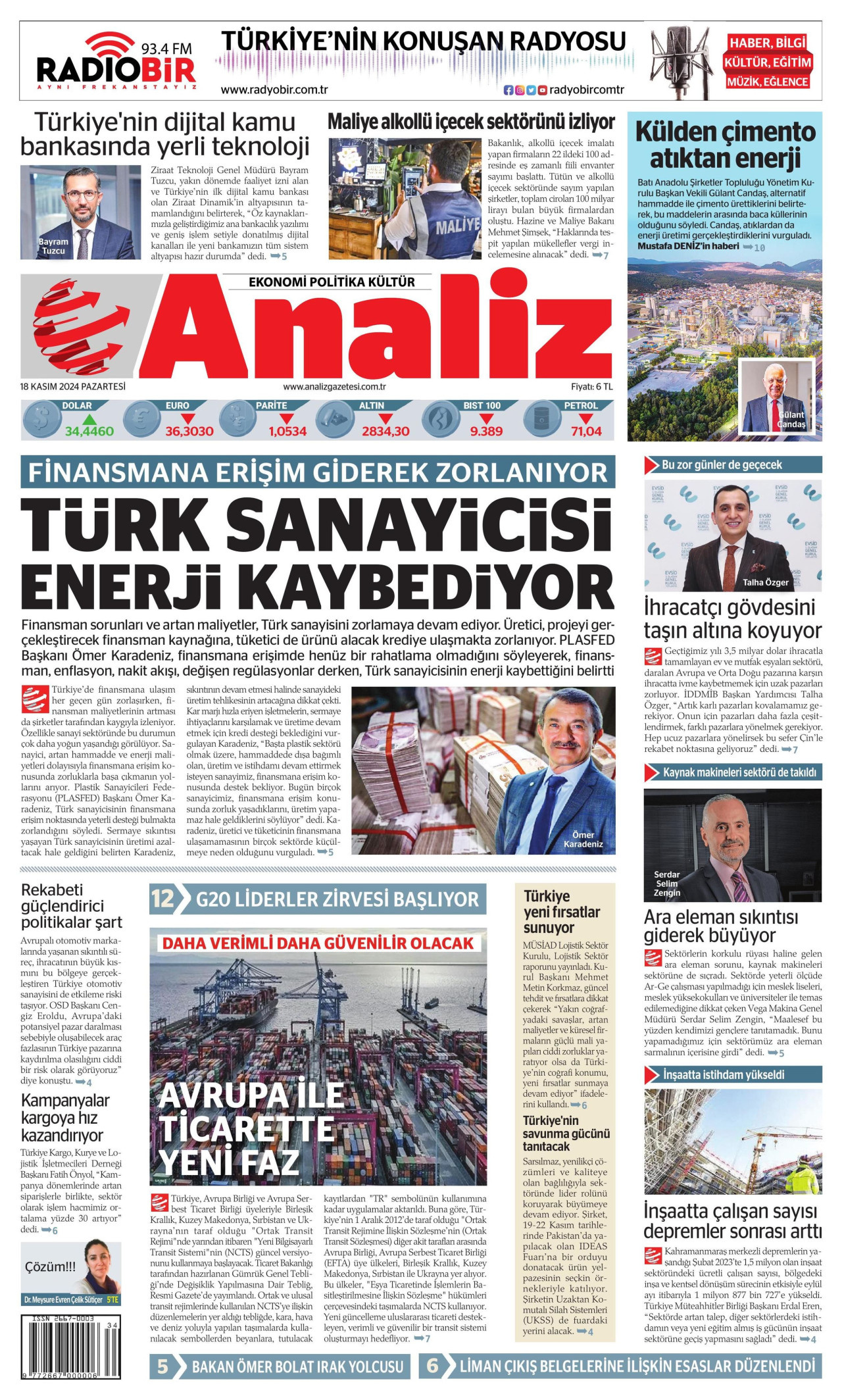 ANALİZ gazetesinin 18 Kasım 2024 tarihli birinci sayfası