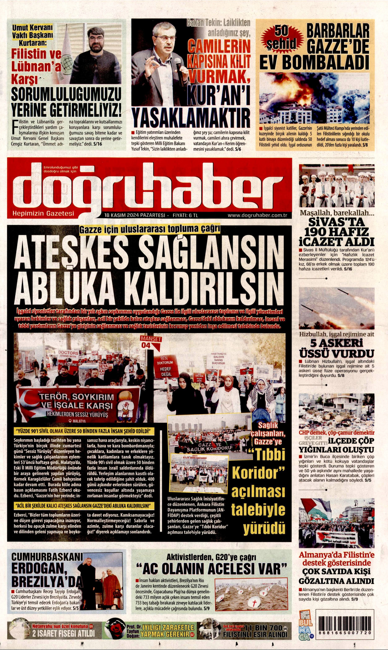 DOĞRU HABER gazetesinin 18 Kasım 2024 tarihli birinci sayfası