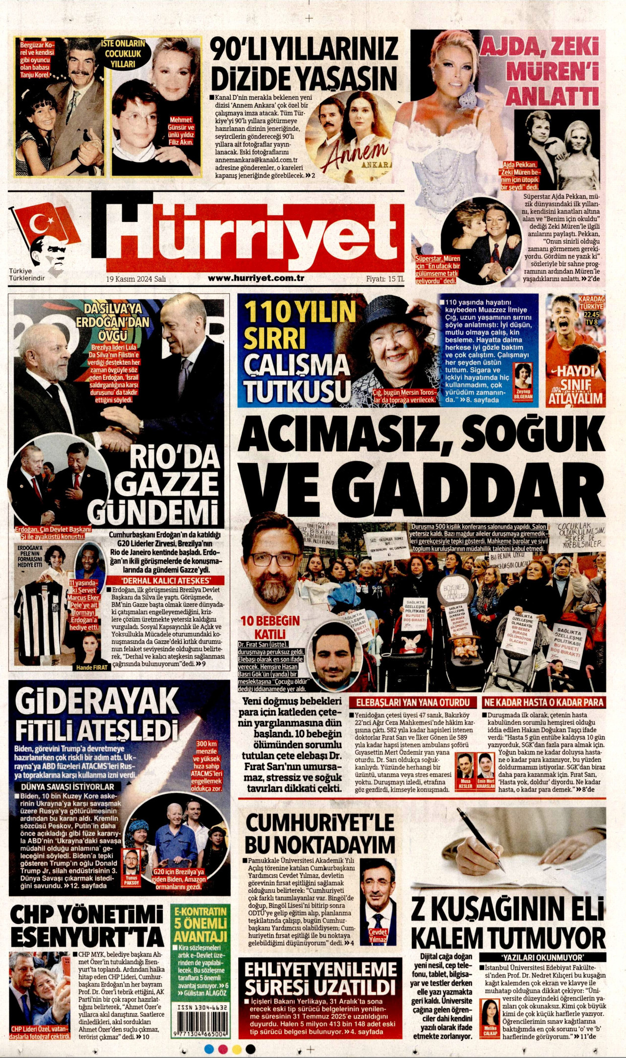 HÜRRİYET gazetesinin 19 Kasım 2024 tarihli birinci sayfası