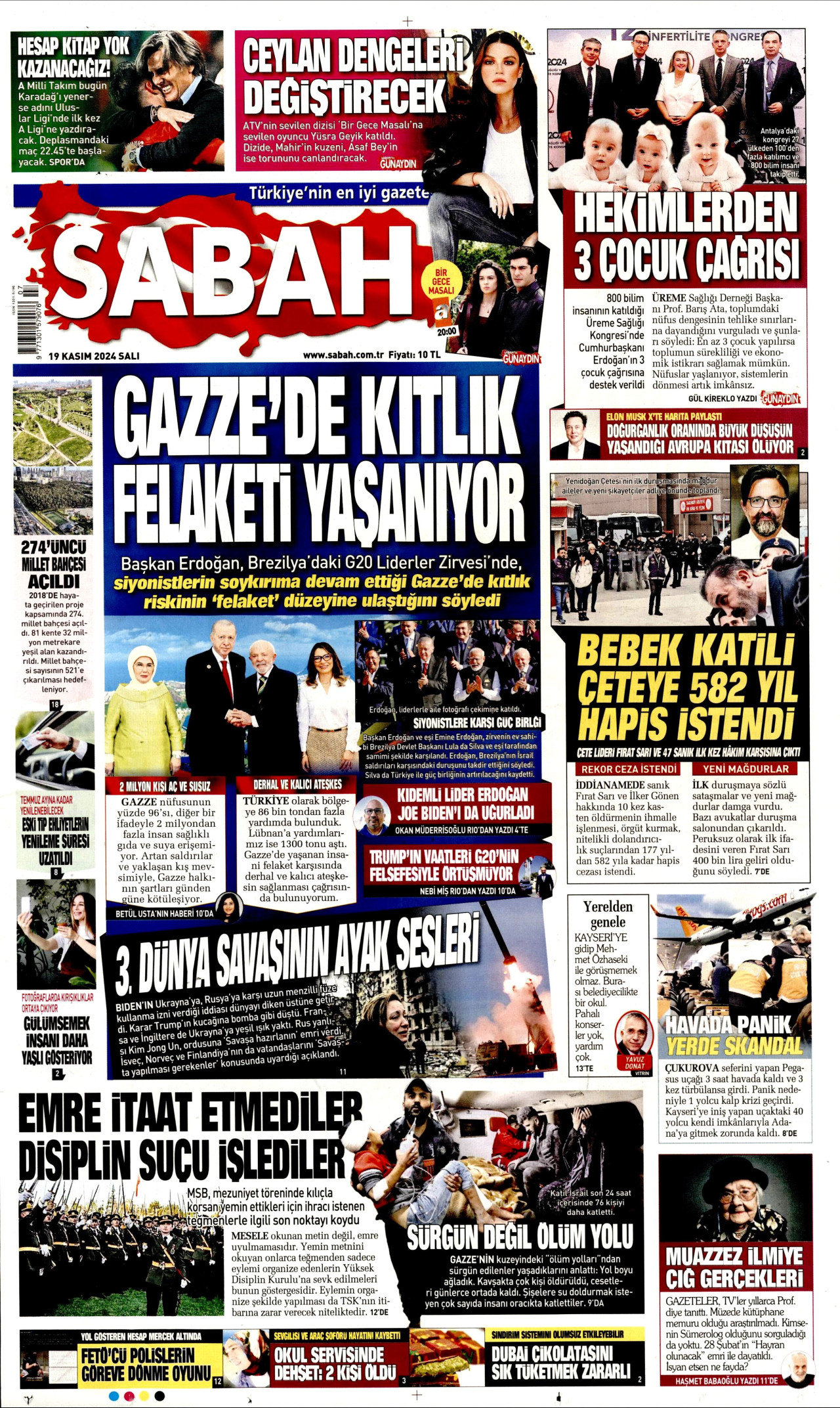 SABAH gazetesinin 19 Kasım 2024 tarihli birinci sayfası