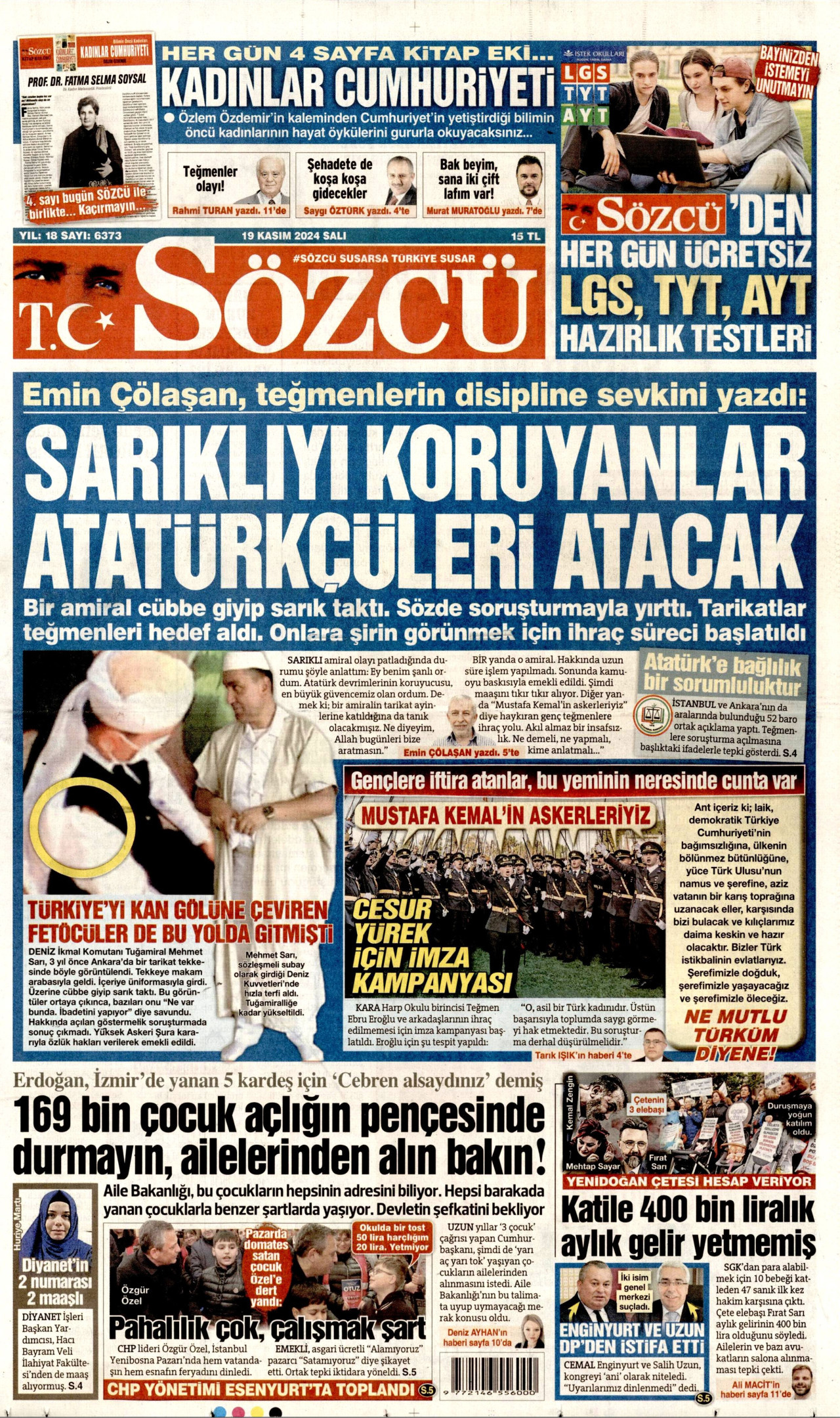SÖZCÜ gazetesinin 19 Kasım 2024 tarihli birinci sayfası