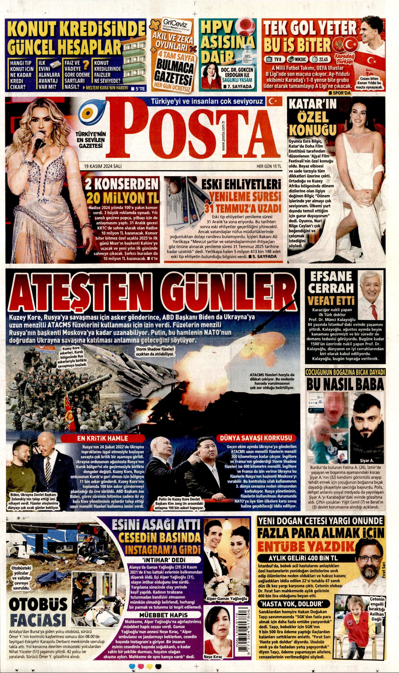POSTA gazetesinin 19 Kasım 2024 tarihli birinci sayfası