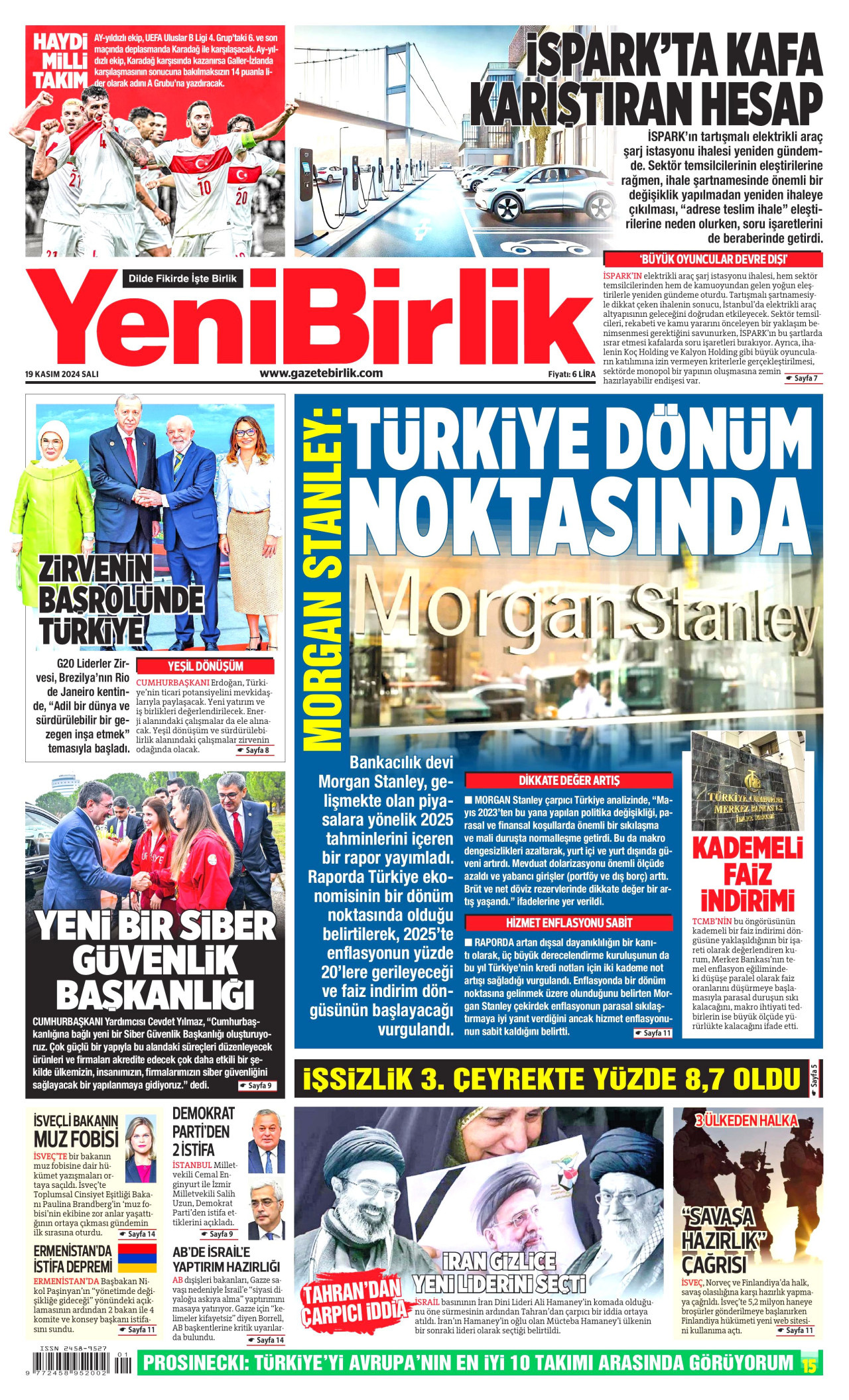 YENİBİRLİK gazetesinin 19 Kasım 2024 tarihli birinci sayfası