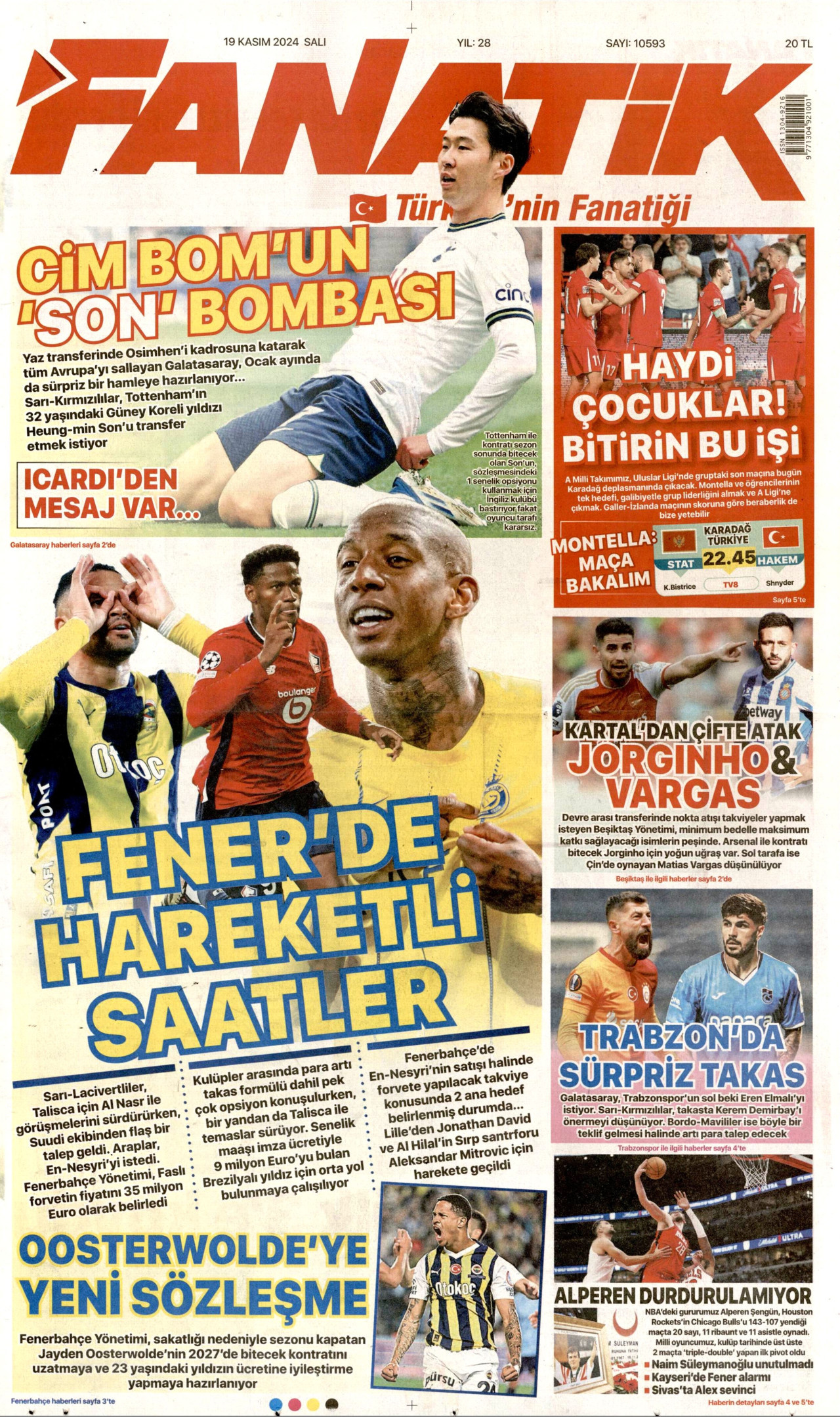 FANATİK gazetesinin 19 Kasım 2024 tarihli birinci sayfası