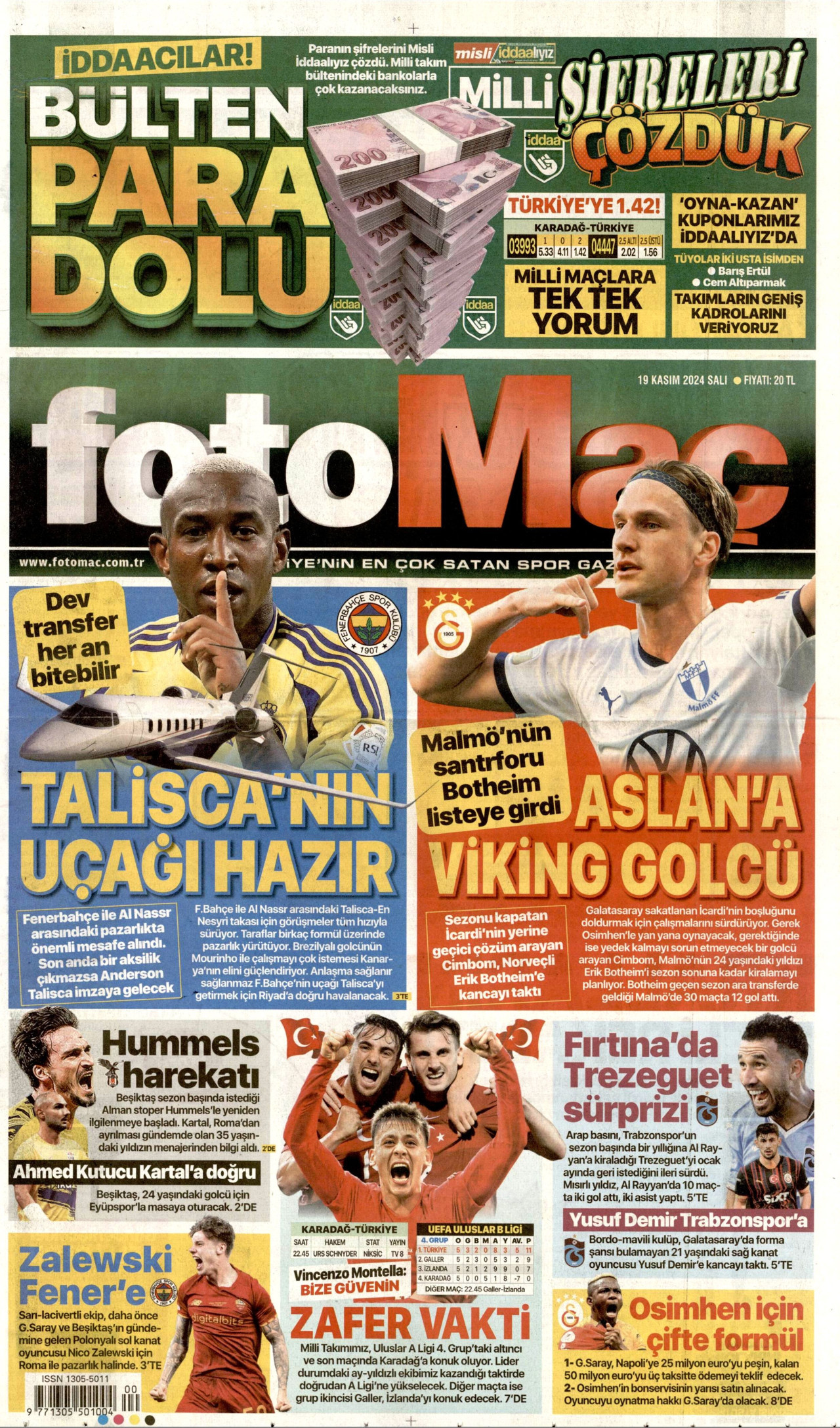 FOTOMAÇ gazetesinin 19 Kasım 2024 tarihli birinci sayfası