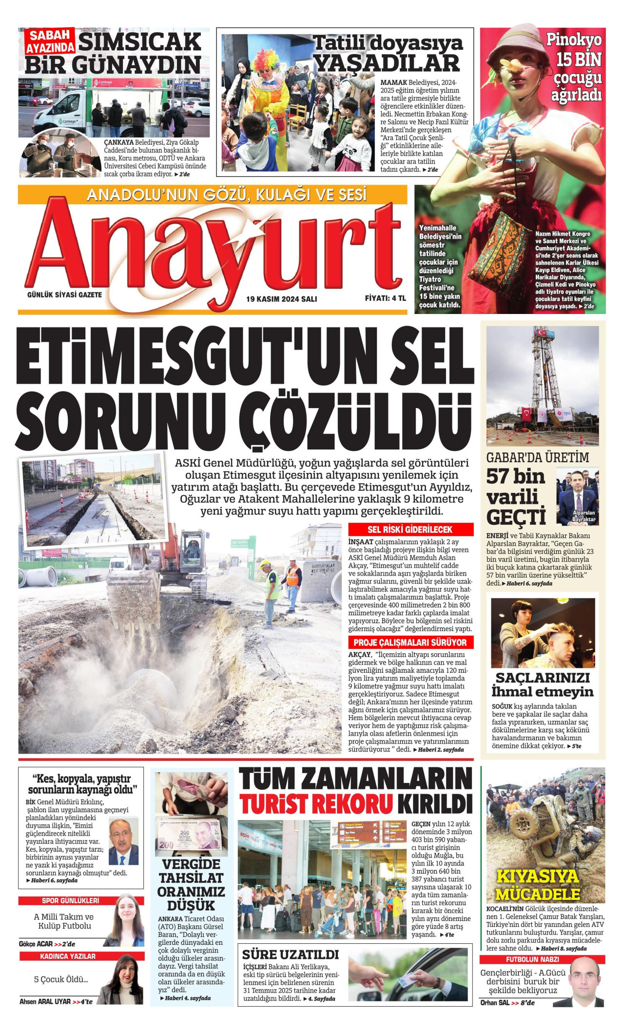 ANAYURT gazetesinin 19 Kasım 2024 tarihli birinci sayfası