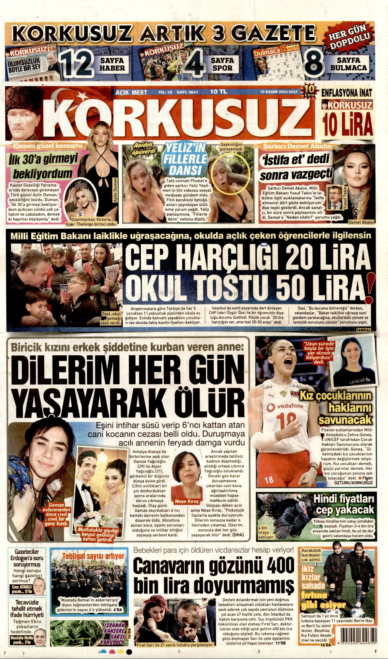 KORKUSUZ gazetesinin 19 Kasım 2024 tarihli birinci sayfası