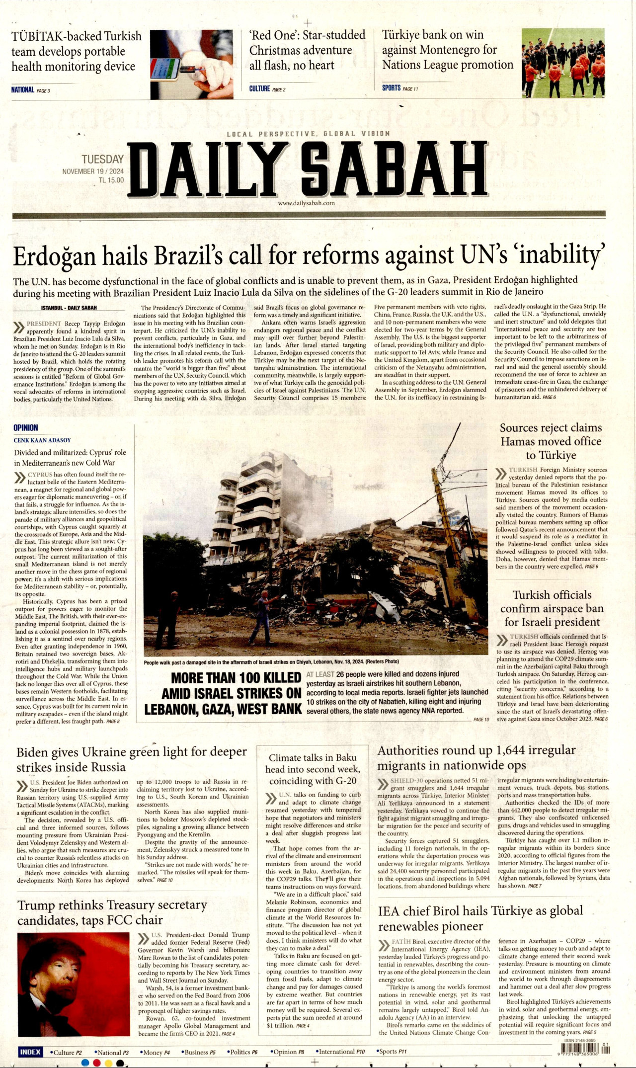 DAİLY SABAH gazetesinin 19 Kasım 2024 tarihli birinci sayfası