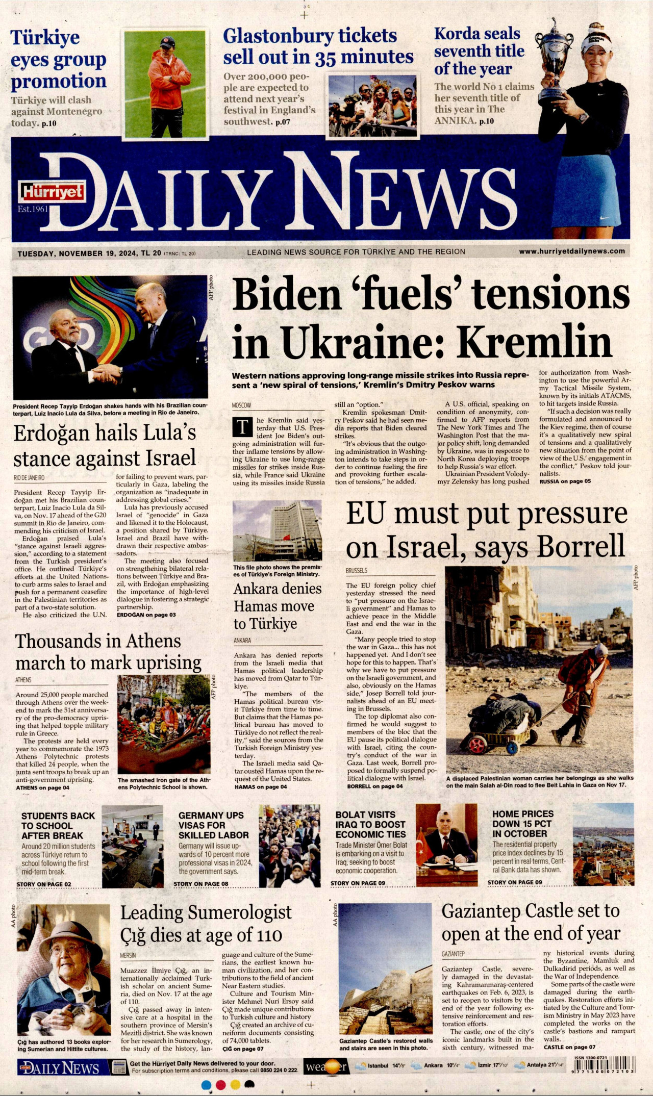 HÜRRİYET DAİLY NEWS gazetesinin 19 Kasım 2024 tarihli birinci sayfası