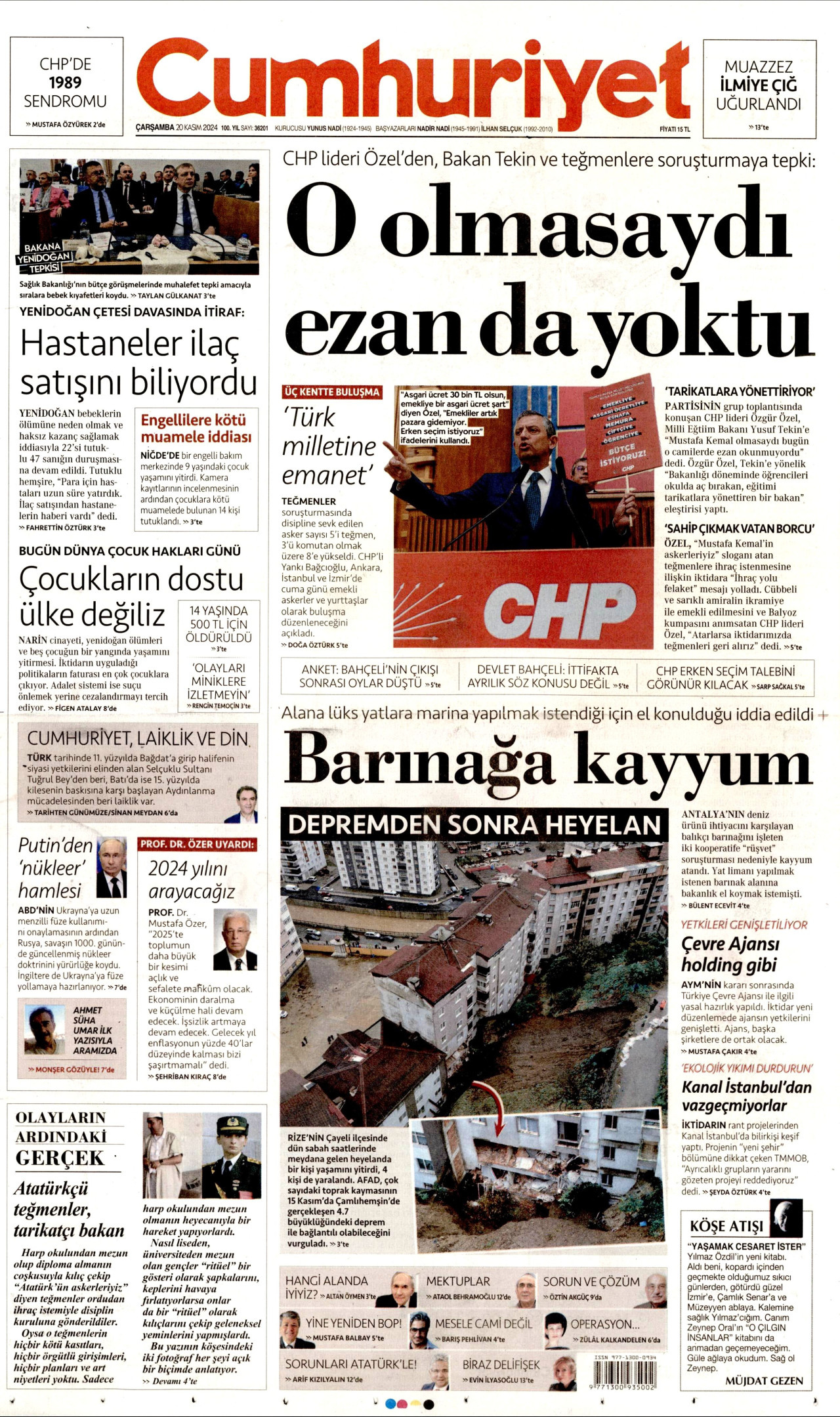 CUMHURİYET gazetesinin 20 Kasım 2024 tarihli birinci sayfası