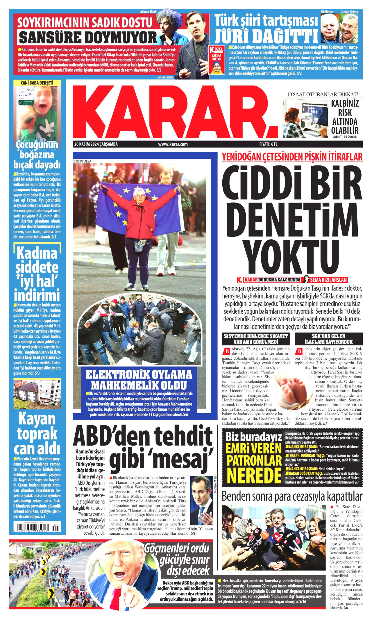 KARAR gazetesinin 20 Kasım 2024 tarihli birinci sayfası