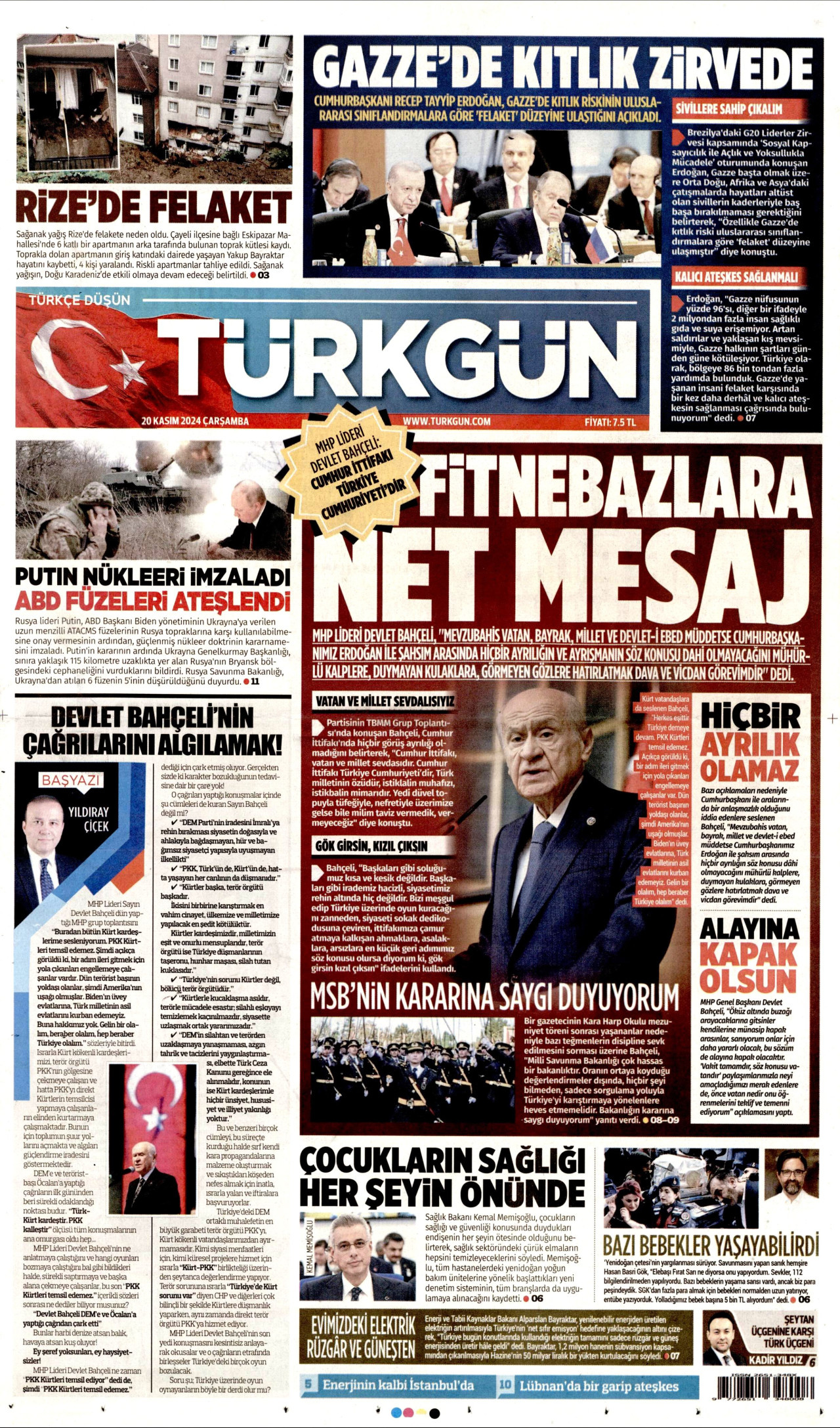 TÜRKGÜN gazetesinin 20 Kasım 2024 tarihli birinci sayfası