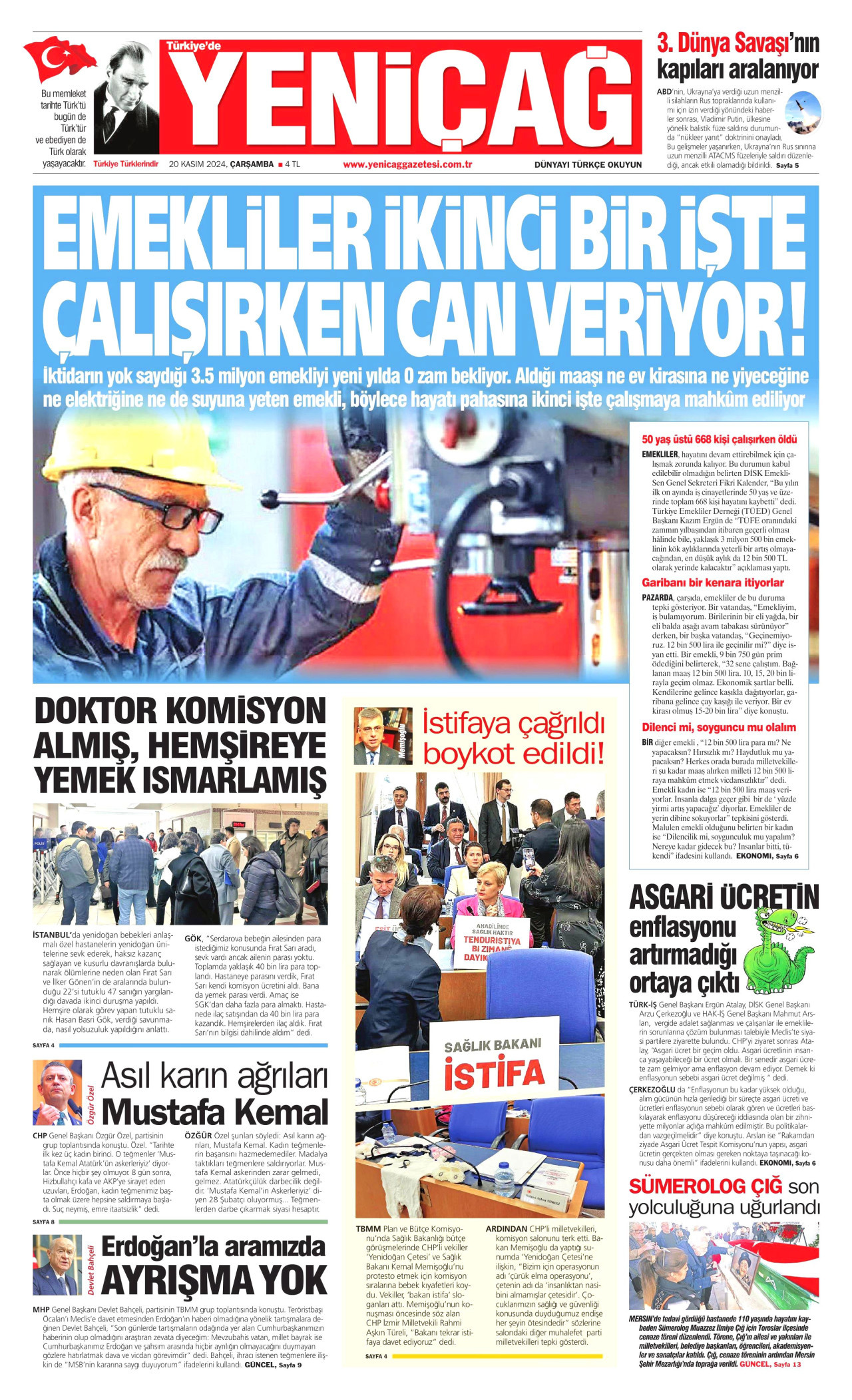 YENİÇAĞ gazetesinin 20 Kasım 2024 tarihli birinci sayfası