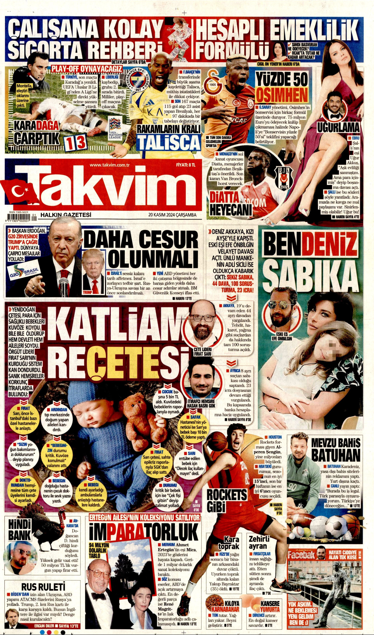 TAKVİM gazetesinin 20 Kasım 2024 tarihli birinci sayfası