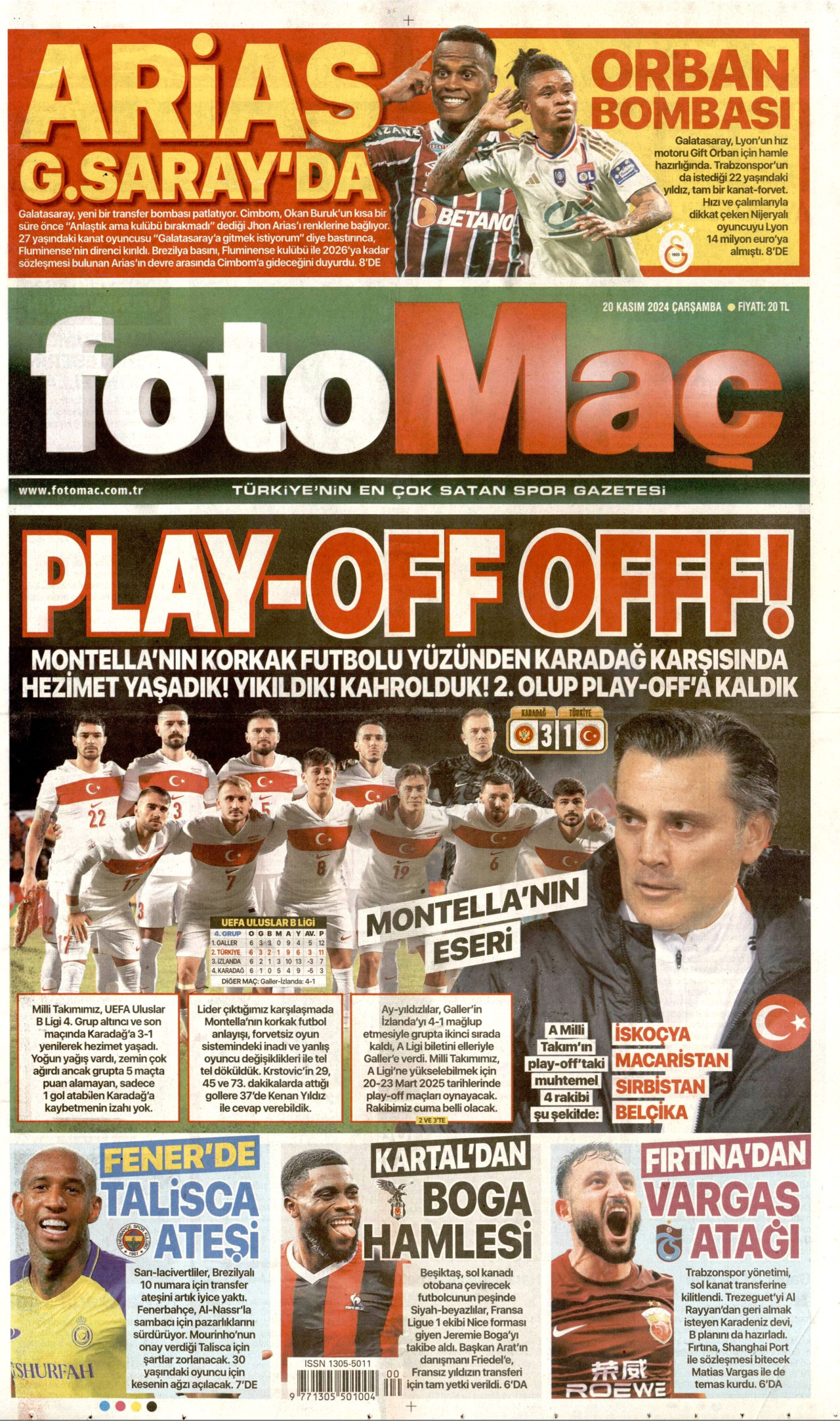 FOTOMAÇ gazetesinin 20 Kasım 2024 tarihli birinci sayfası