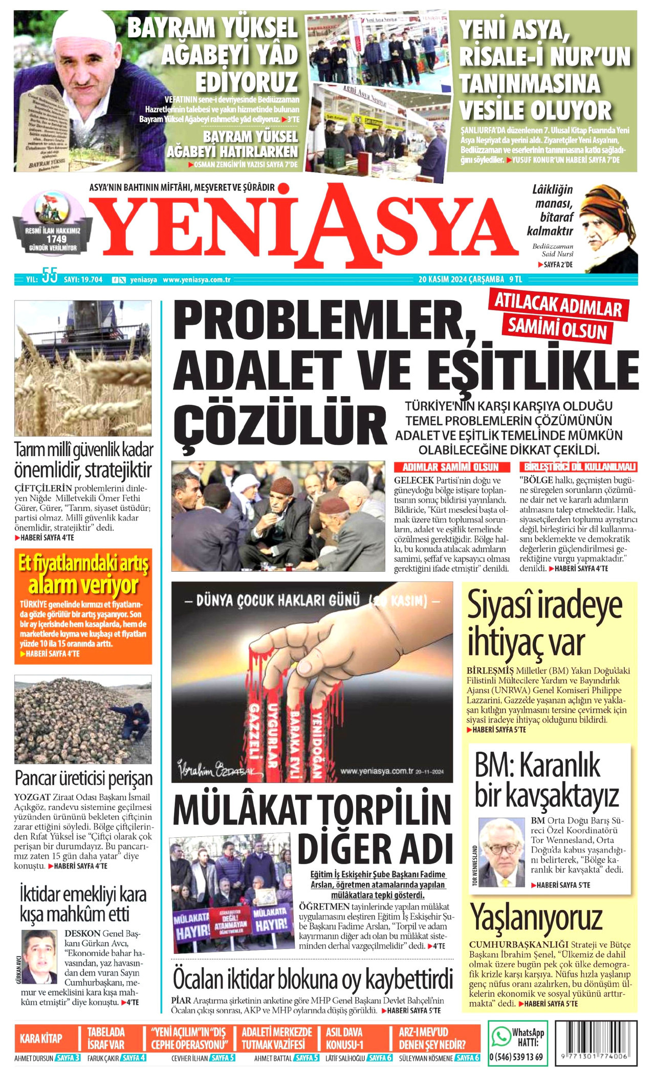 YENİ ASYA gazetesinin 20 Kasım 2024 tarihli birinci sayfası