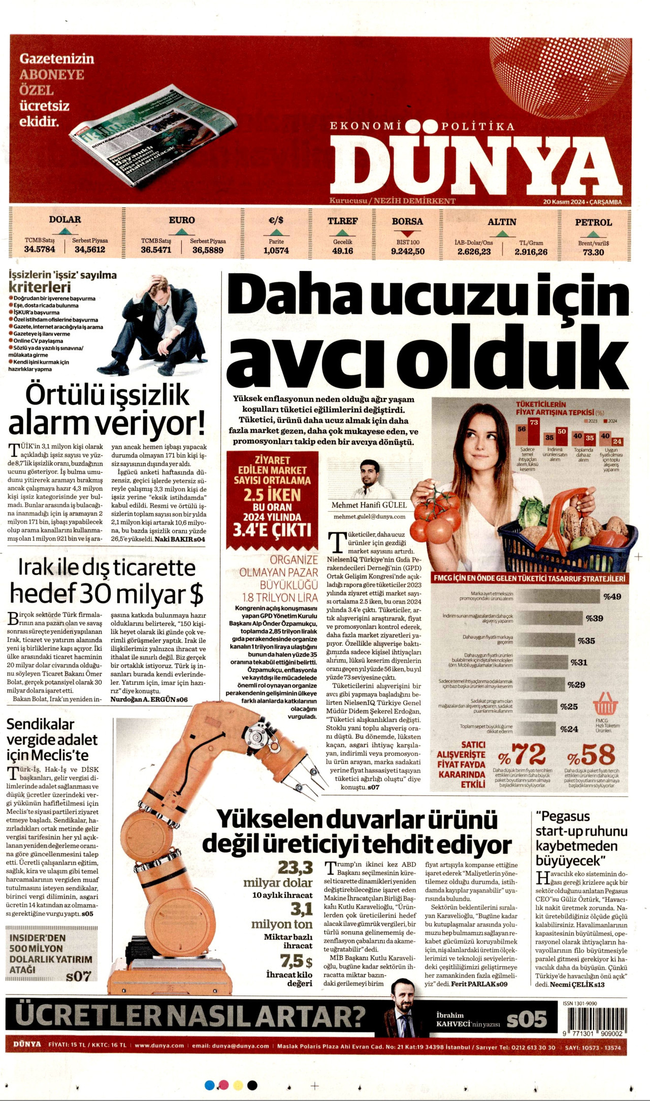 DÜNYA gazetesinin 20 Kasım 2024 tarihli birinci sayfası