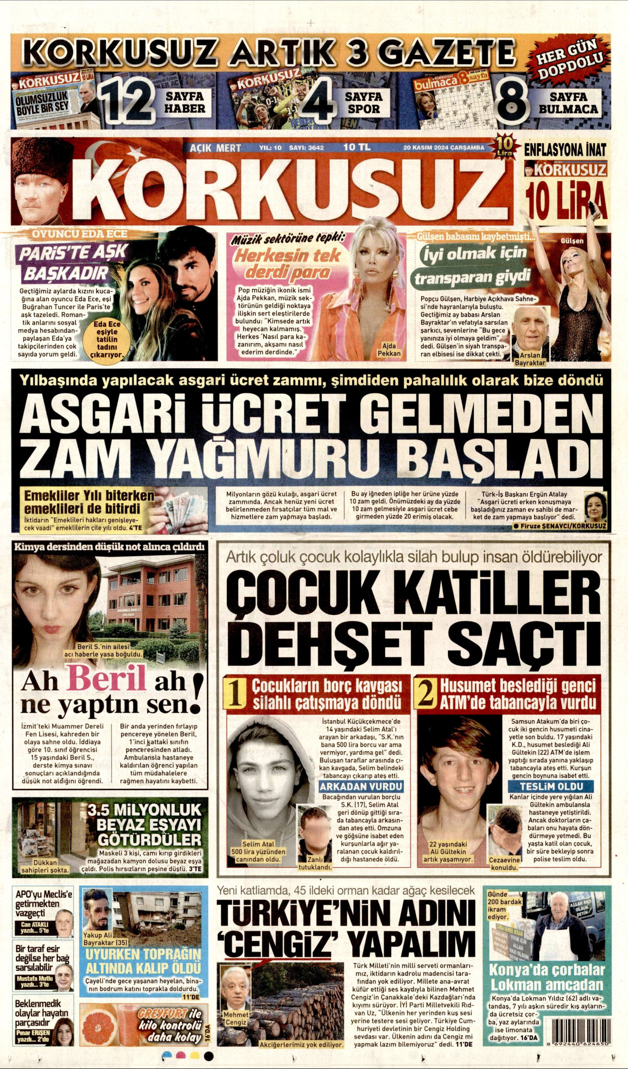 KORKUSUZ gazetesinin 20 Kasım 2024 tarihli birinci sayfası