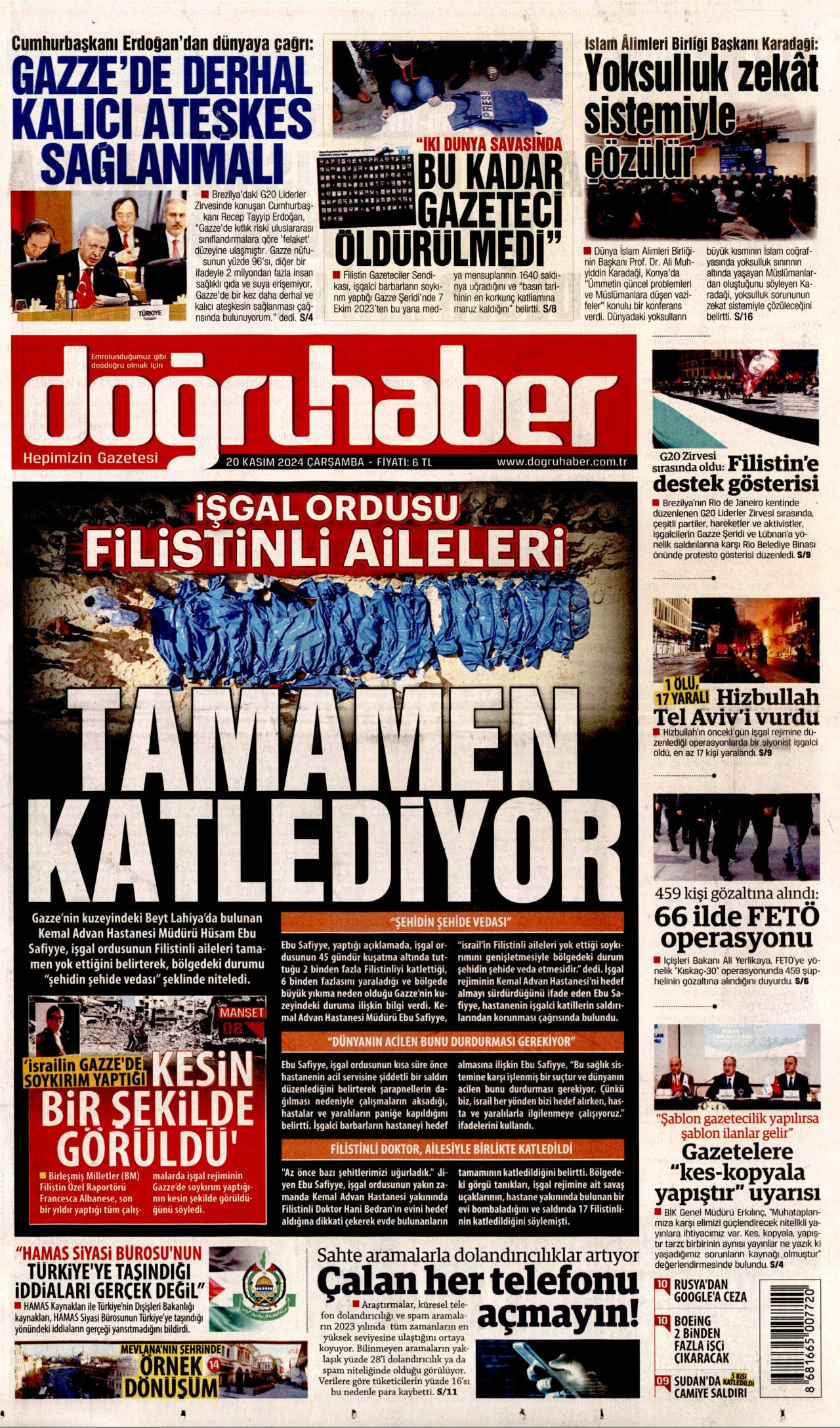 DOĞRU HABER gazetesinin 20 Kasım 2024 tarihli birinci sayfası