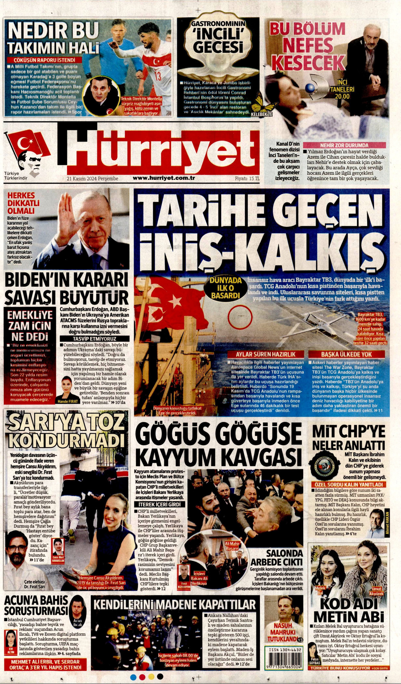 HÜRRİYET gazetesinin 21 Kasım 2024 tarihli birinci sayfası