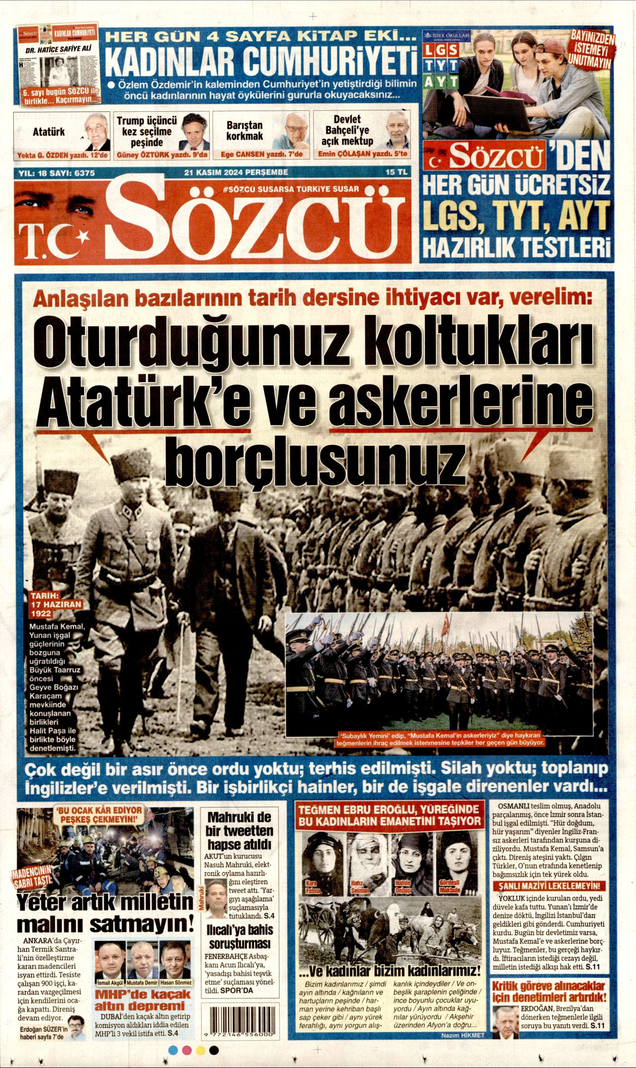 SÖZCÜ gazetesinin 21 Kasım 2024 tarihli birinci sayfası