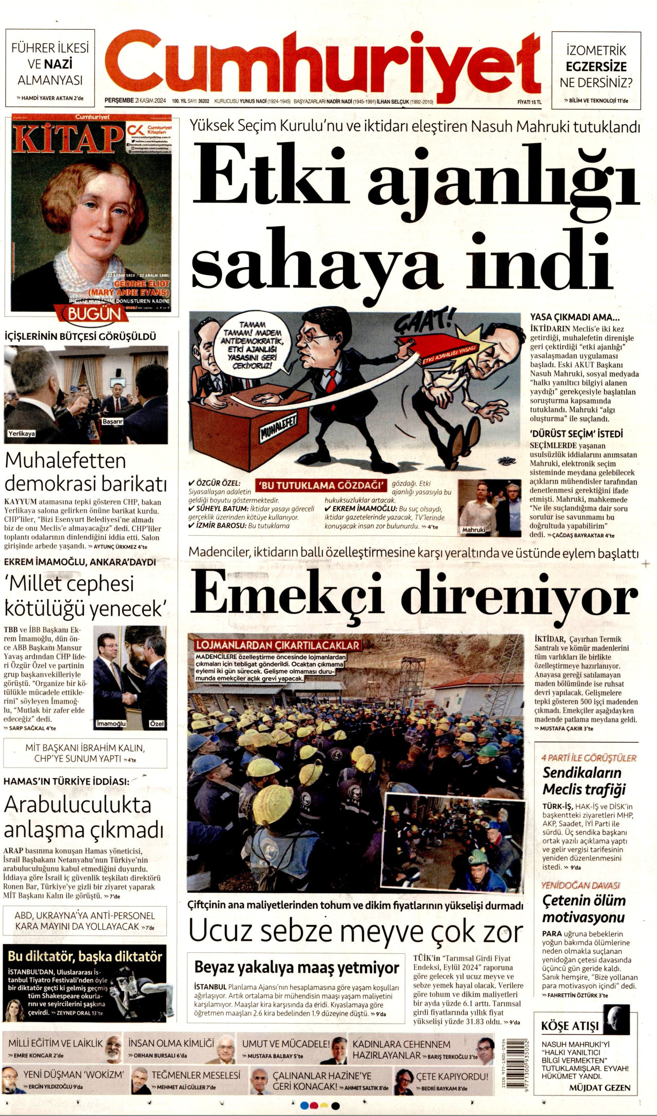 CUMHURİYET gazetesinin 21 Kasım 2024 tarihli birinci sayfası