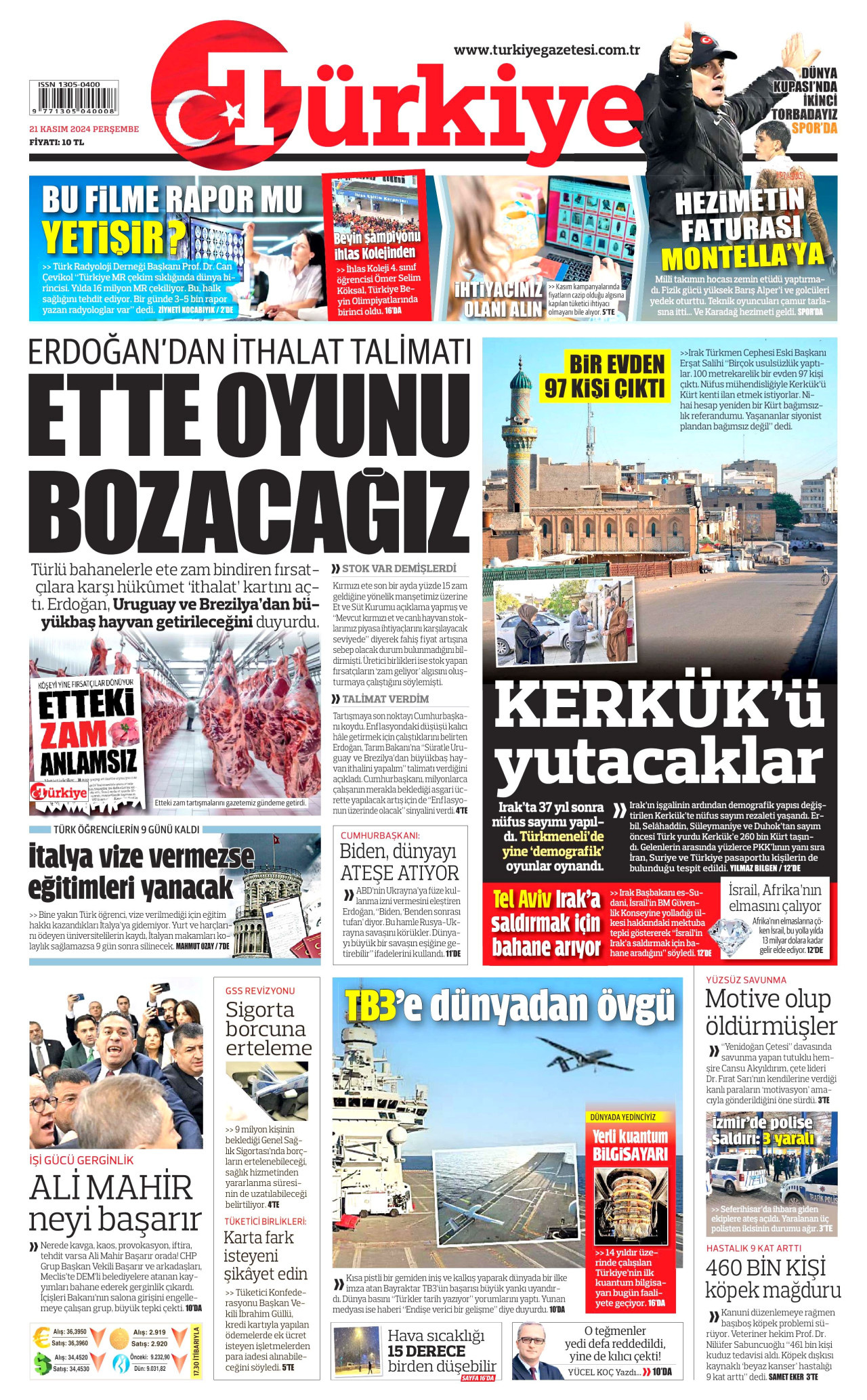 TÜRKİYE GAZETESİ gazetesinin 21 Kasım 2024 tarihli birinci sayfası