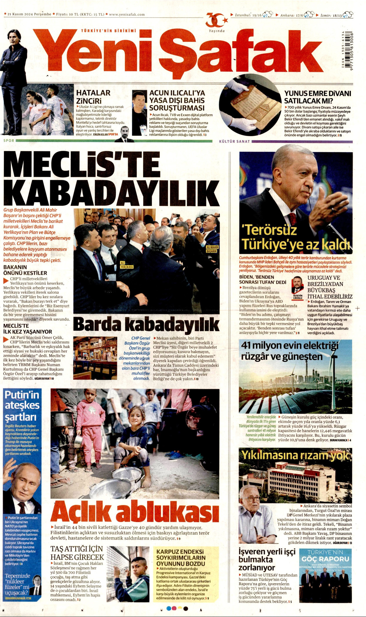 YENİ ŞAFAK gazetesinin 21 Kasım 2024 tarihli birinci sayfası