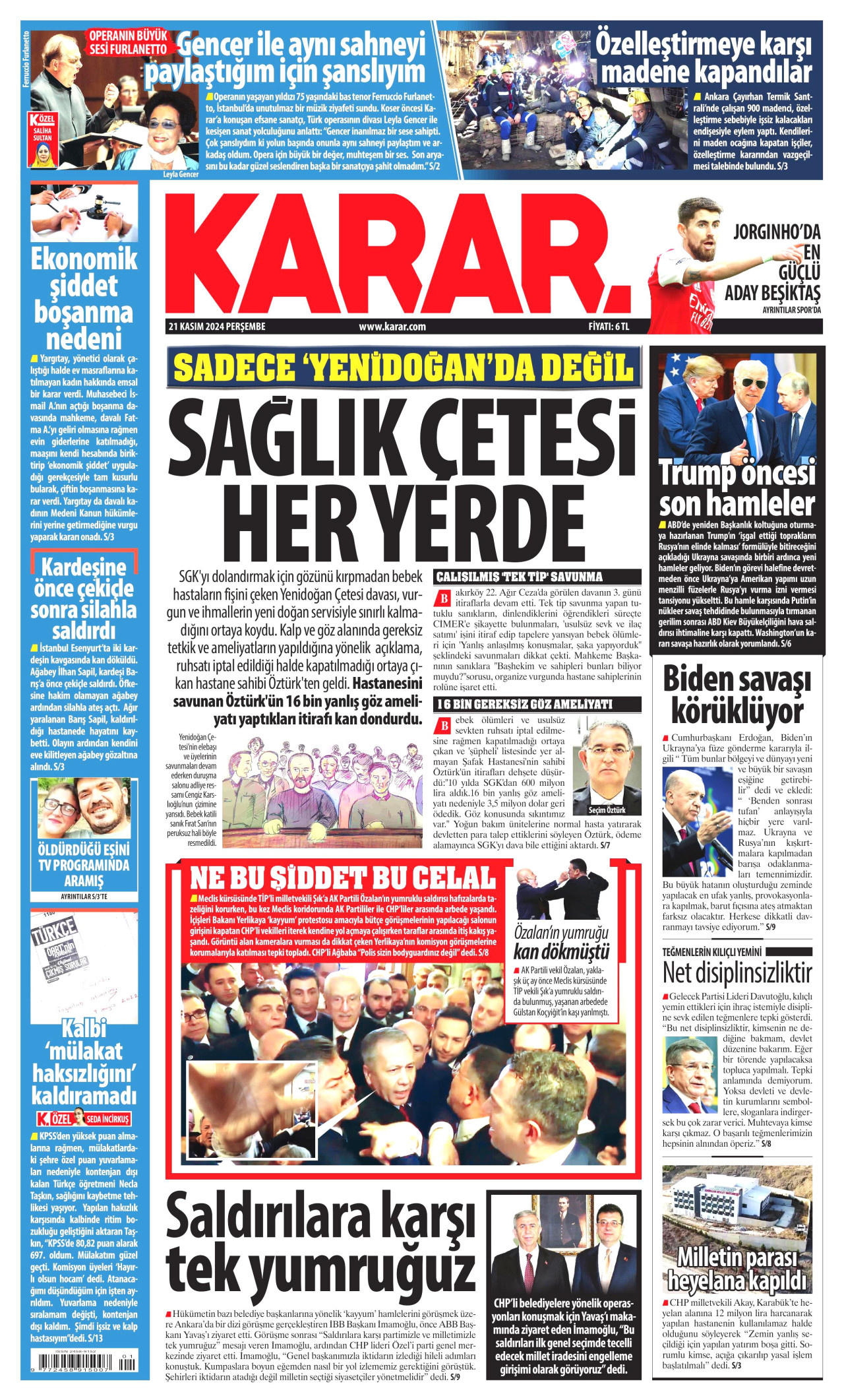 KARAR gazetesinin 21 Kasım 2024 tarihli birinci sayfası