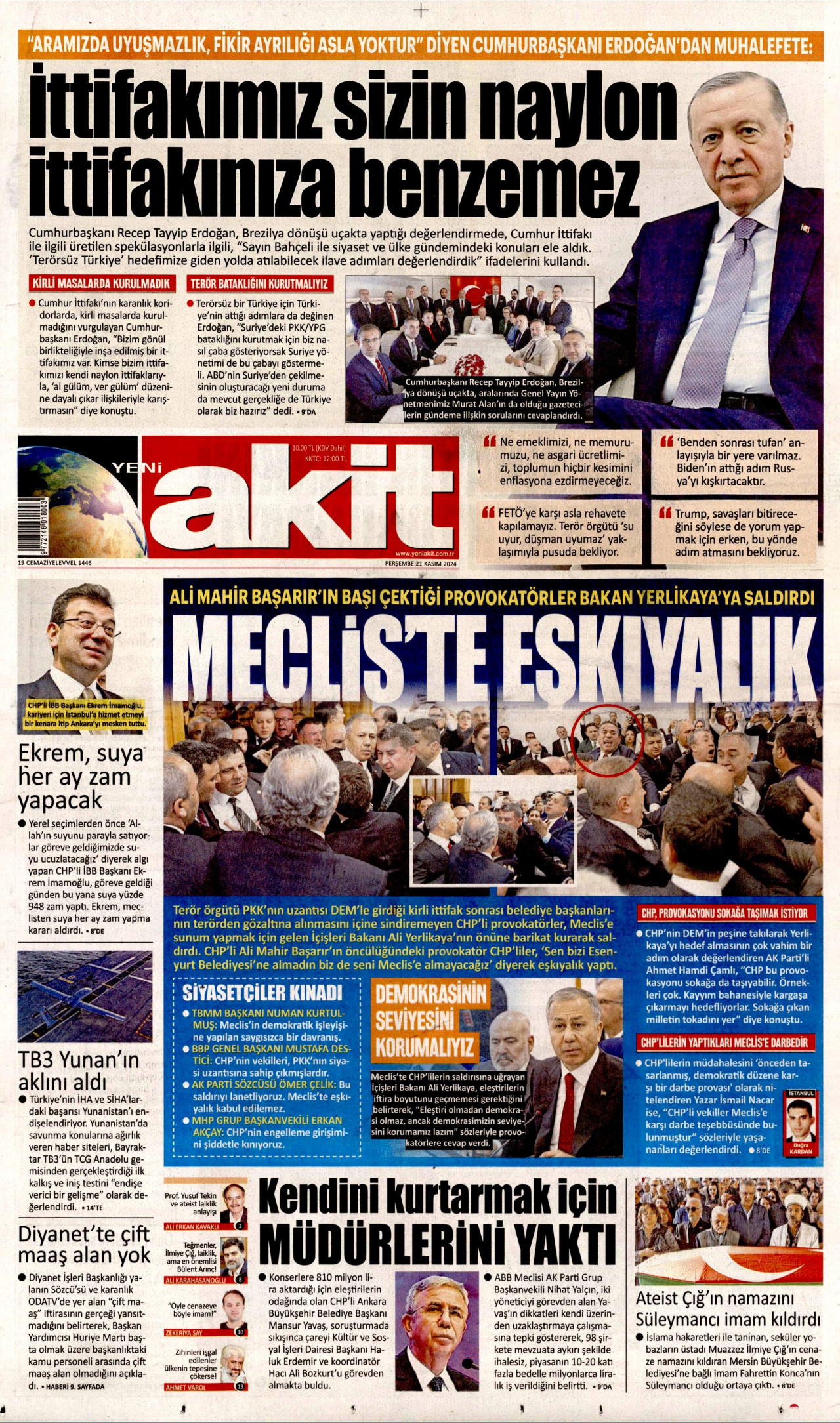YENİ AKİT gazetesinin 21 Kasım 2024 tarihli birinci sayfası