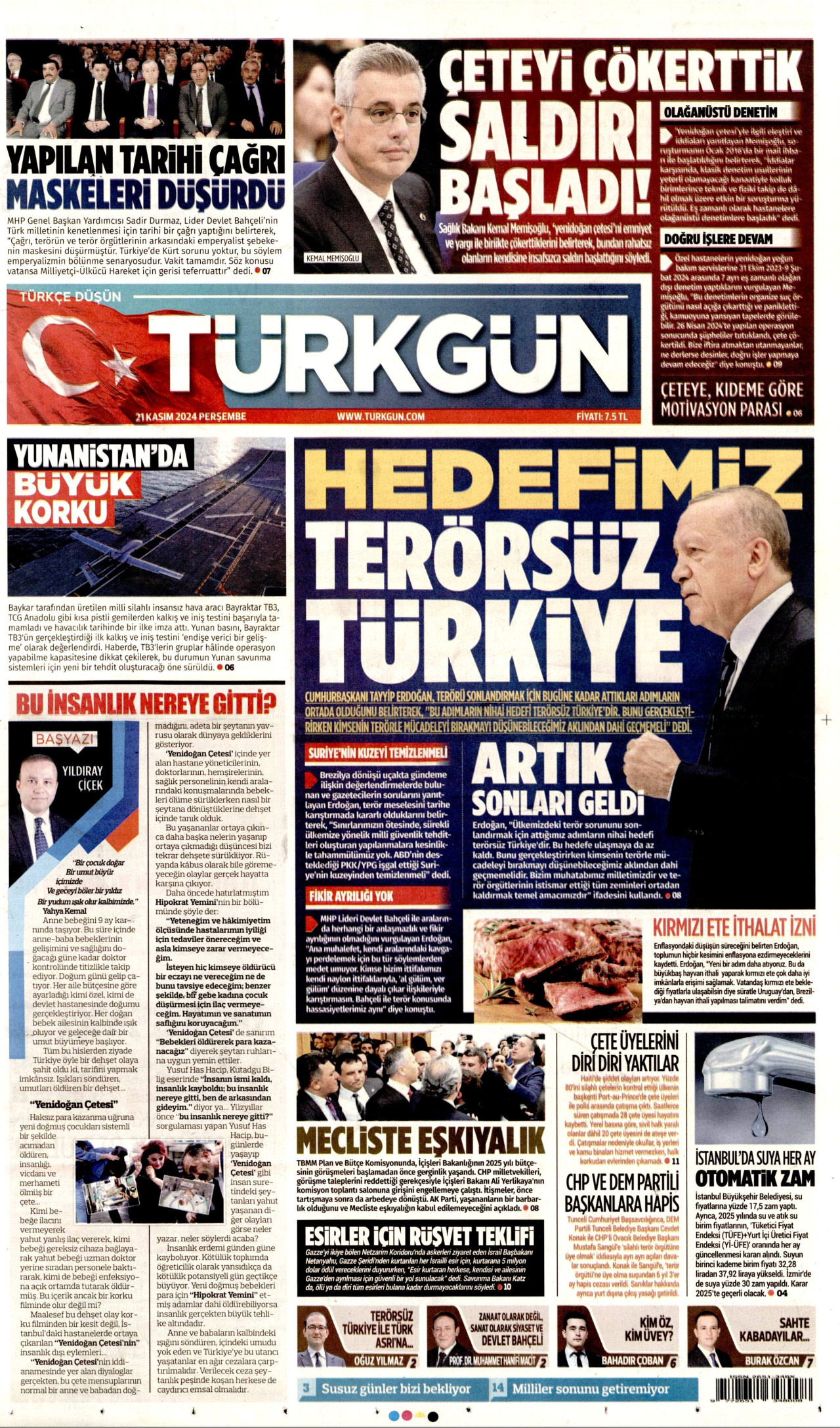 TÜRKGÜN gazetesinin 21 Kasım 2024 tarihli birinci sayfası